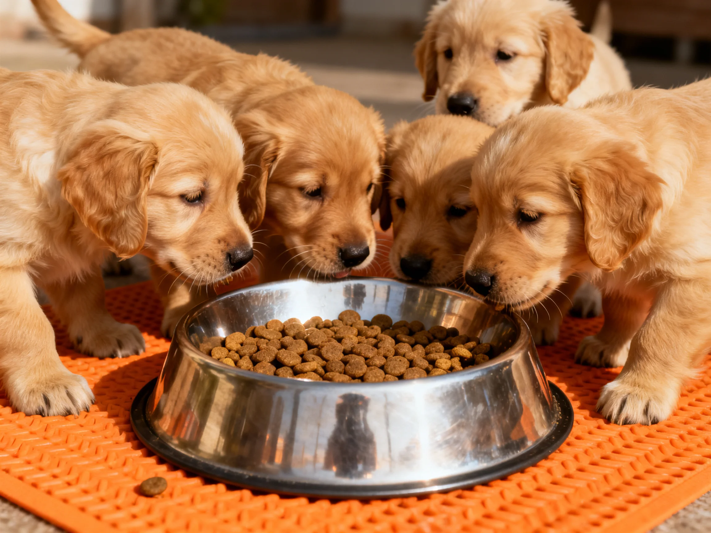 Five golden retriever puppies gather around a metal dog food bowl