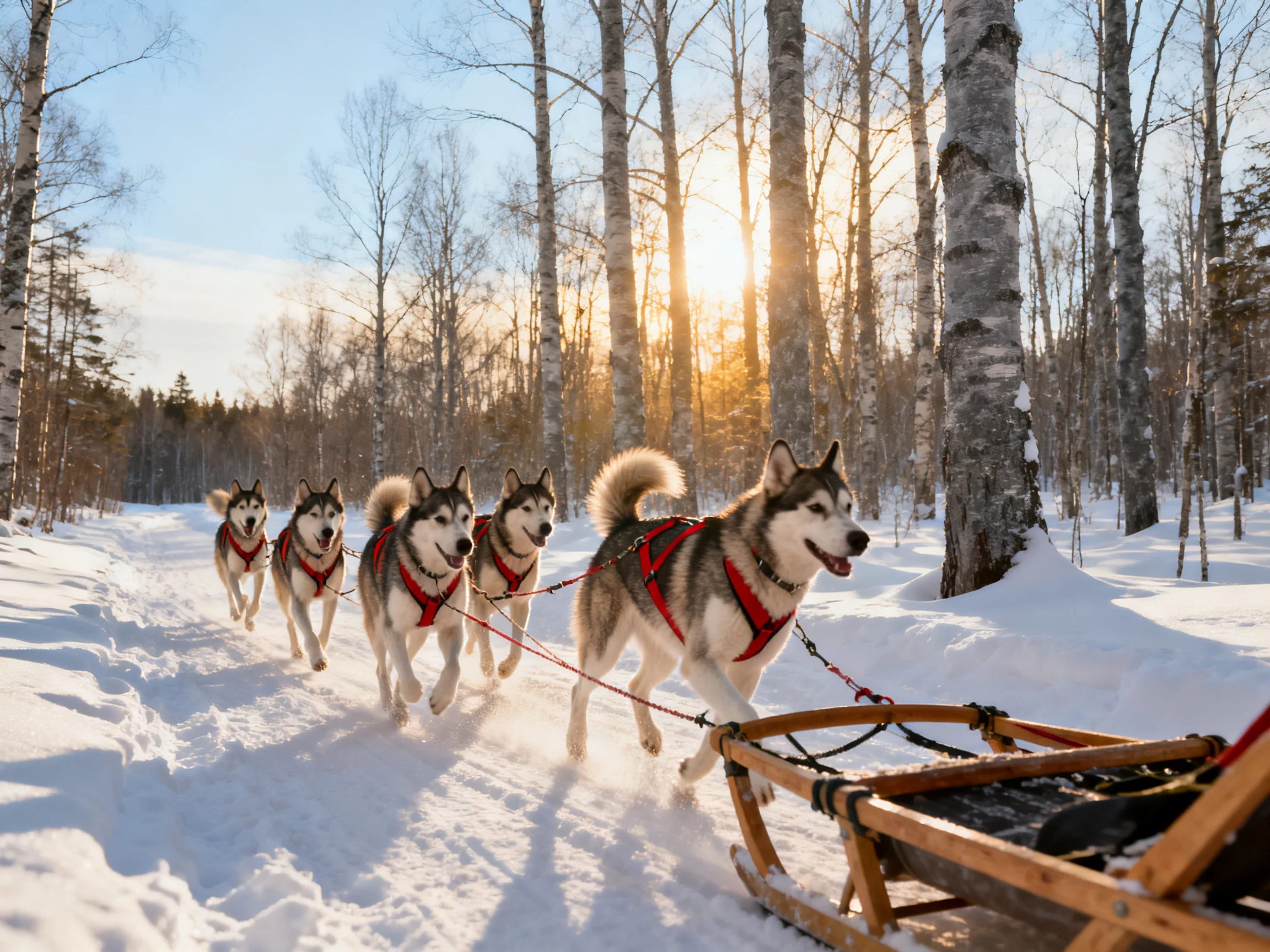 Five husky sled dogs pull a wooden sled through a snowy birch forest.