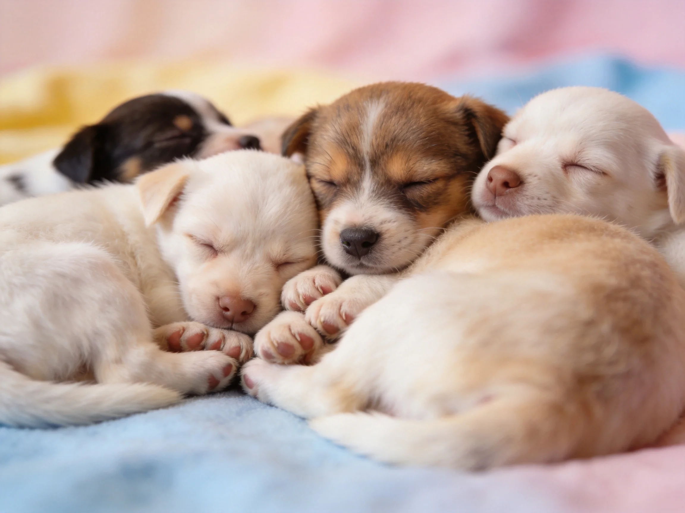 Five sleepy puppies cuddle together on colorful blankets