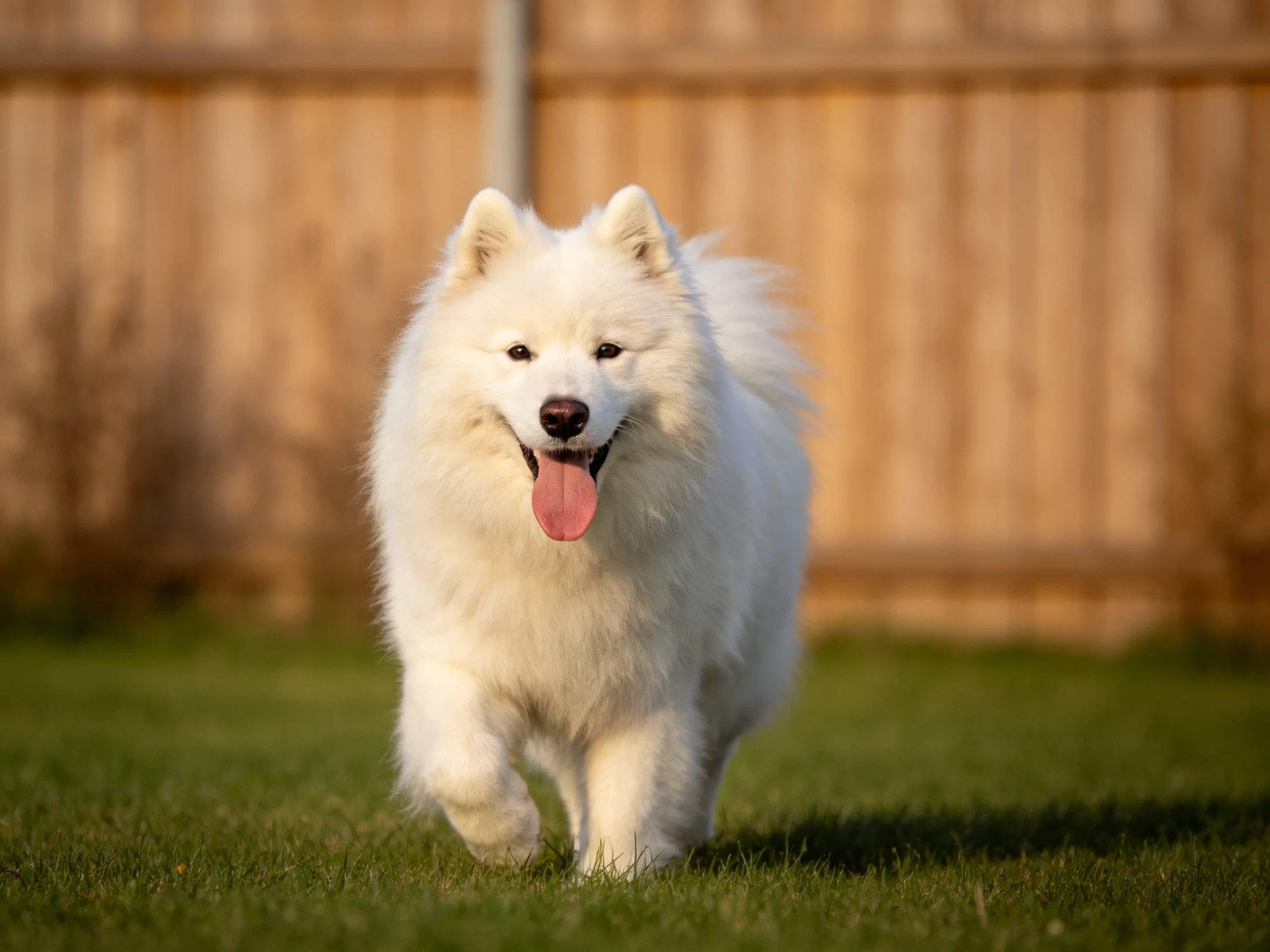 Fluffy White Samoyed walking on green grass near wooden fence
