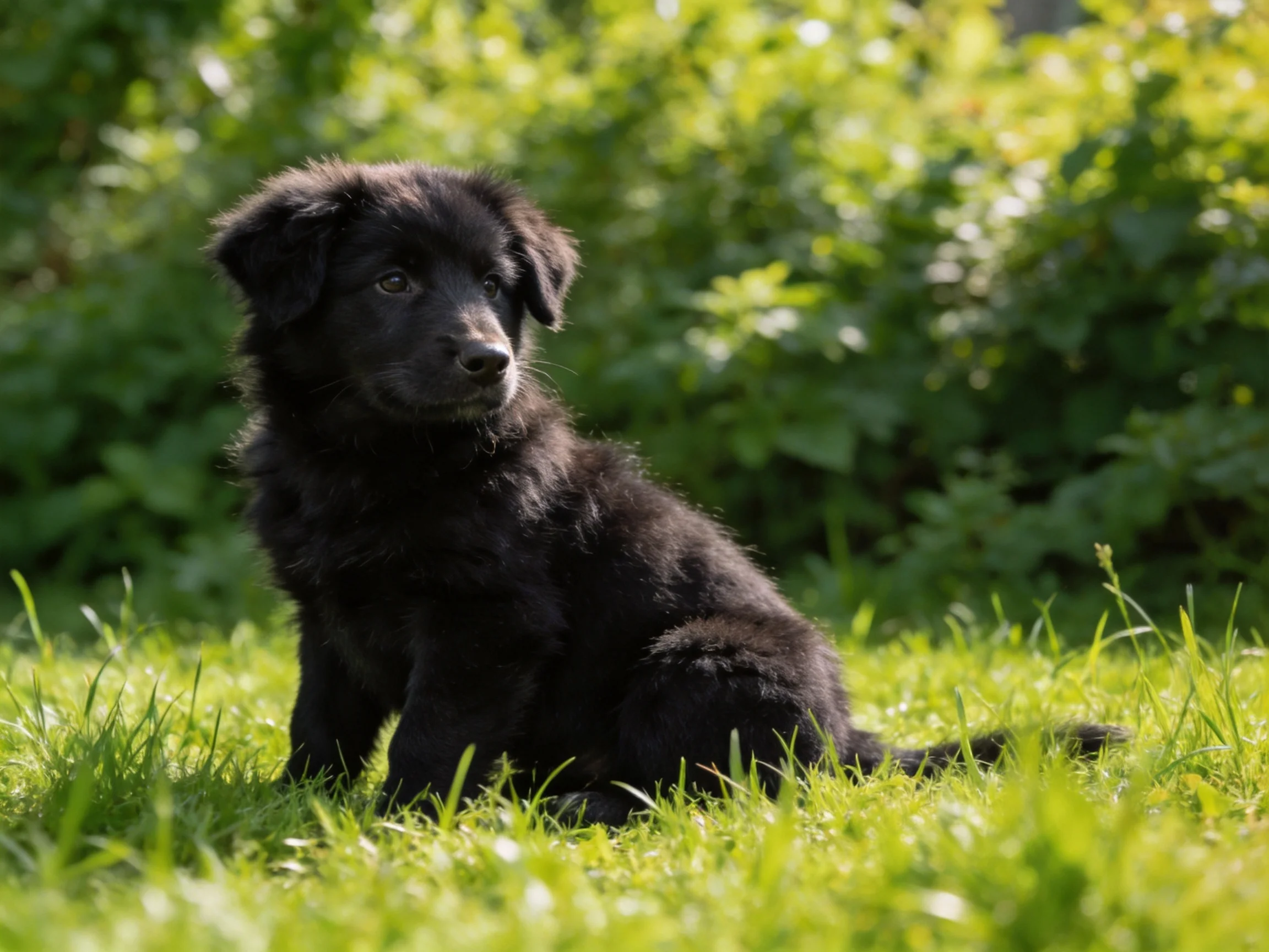 Fluffy black puppy sitting on bright green grass