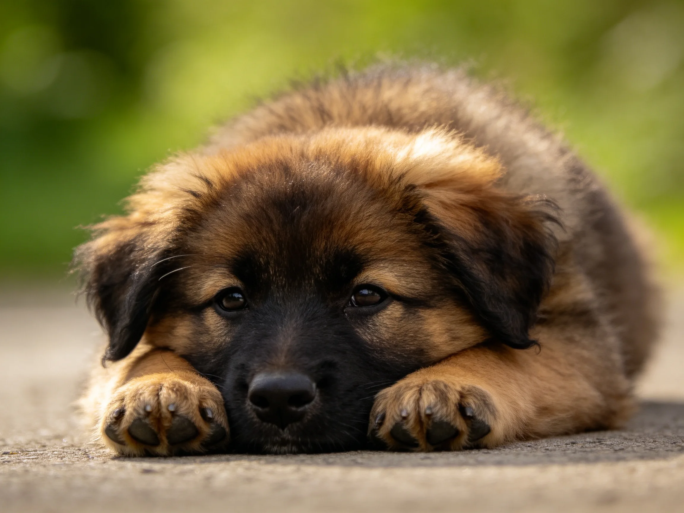 A fluffy brown and black puppy rests on pavement in an outdoor environment.