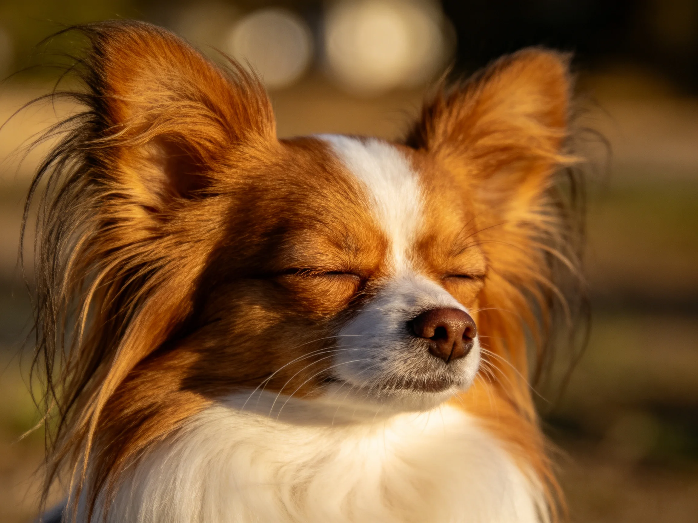 Fluffy brown and white dog closes eyes in warm sunlight