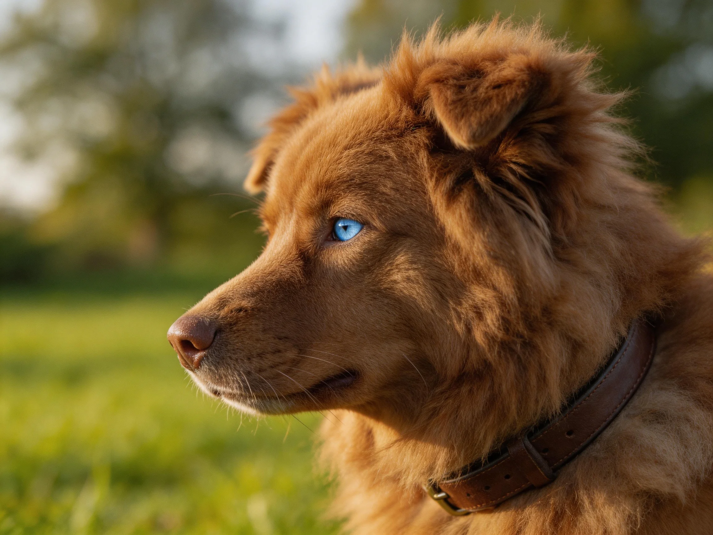 Brown dog with blue eye observes sunlit meadow.