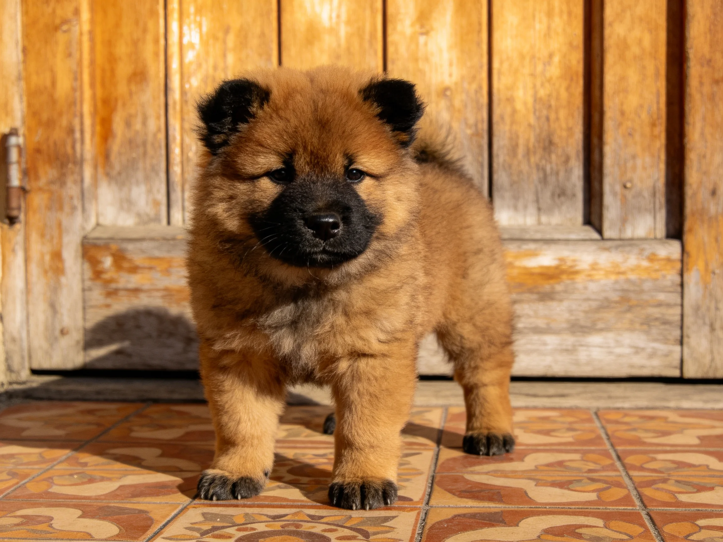 Fluffy brown puppy near weathered wooden door with decorative tiles