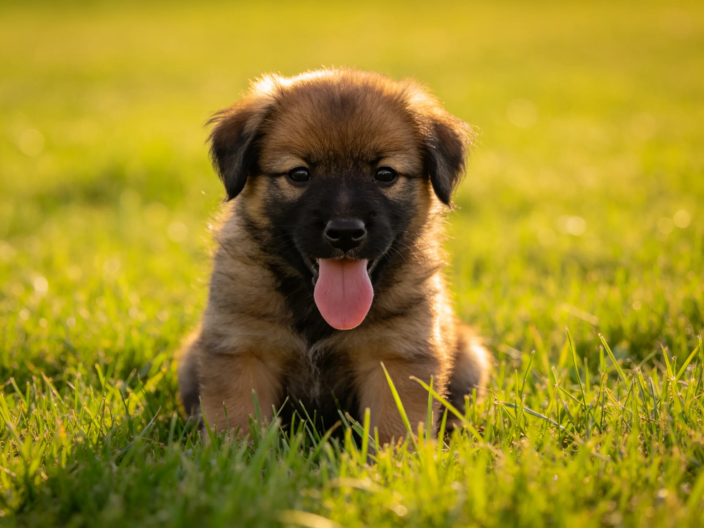 Fluffy brown puppy sitting in sunlit green grass
