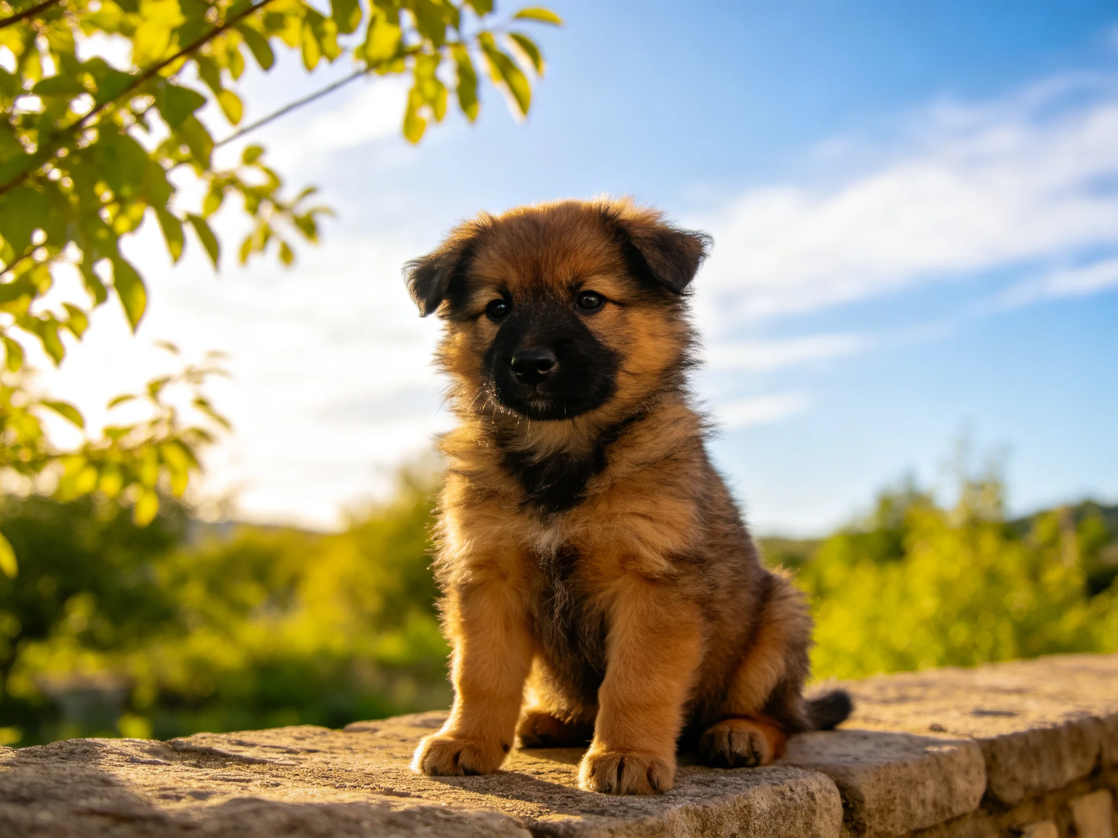 Fluffy brown puppy sitting on stone ledge amid greenery and blue sky