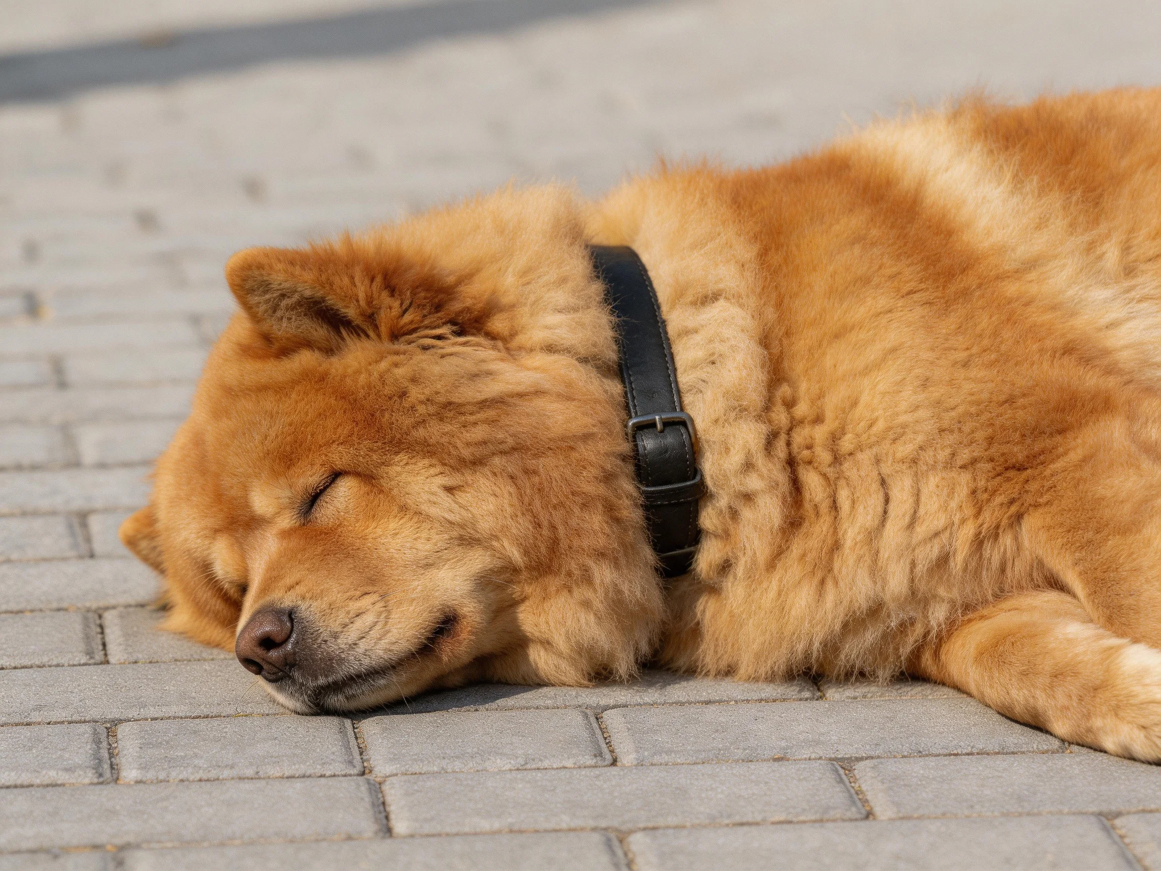 Fluffy golden Chow dog peacefully resting on a brick-paved walkway