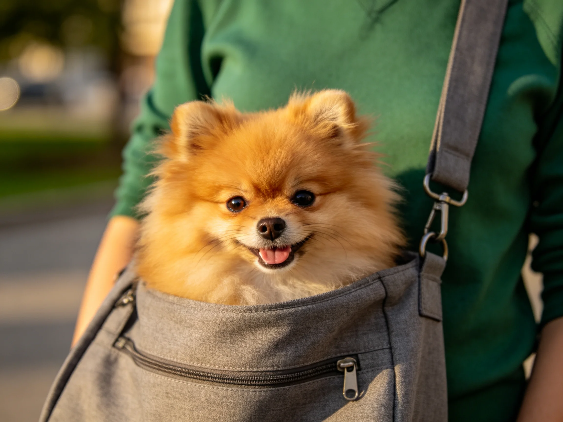 Fluffy golden Pomeranian in gray shoulder bag with green-clad owner