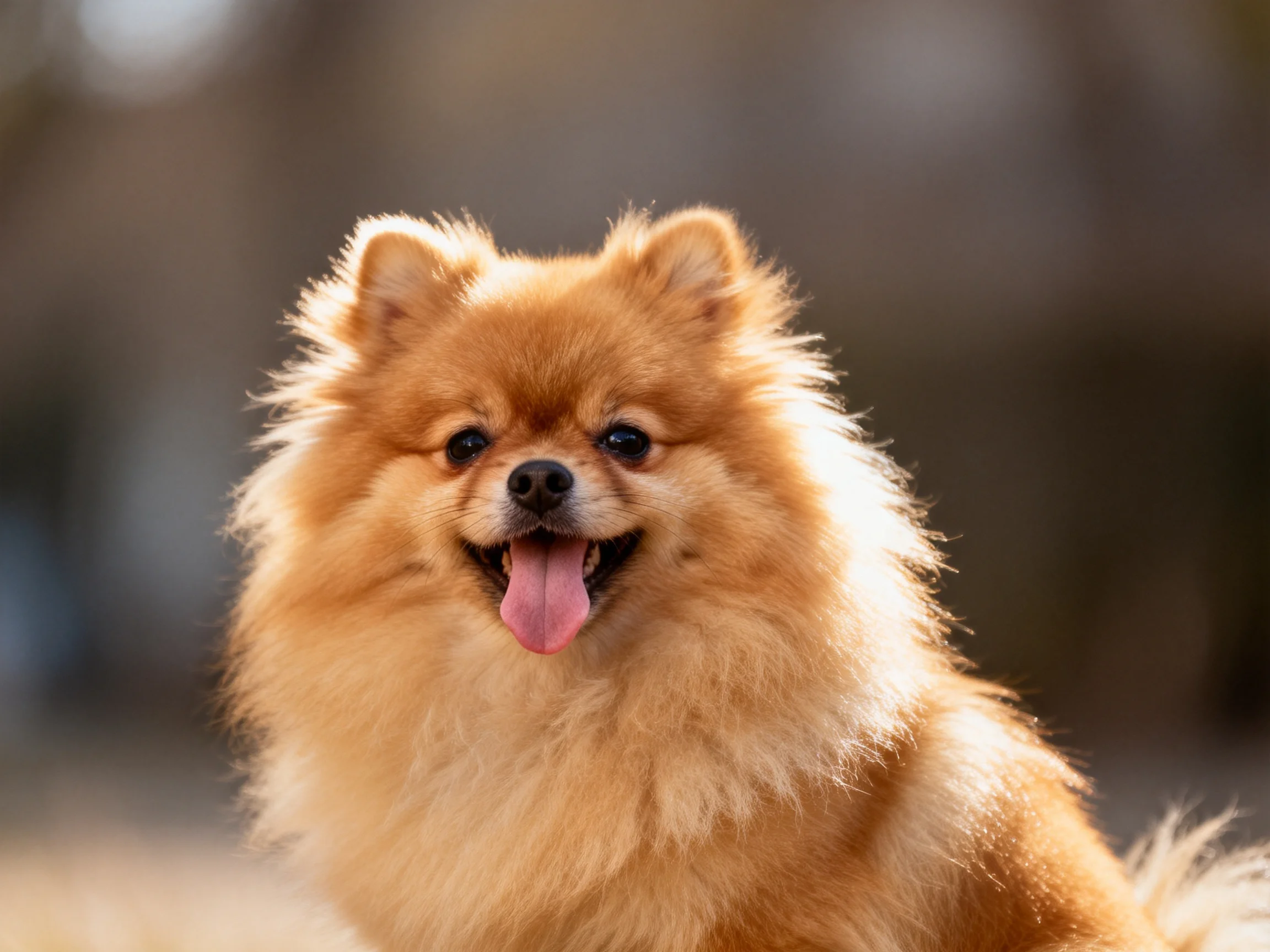 A fluffy golden-brown Pomeranian dog appears joyful in an outdoor setting.