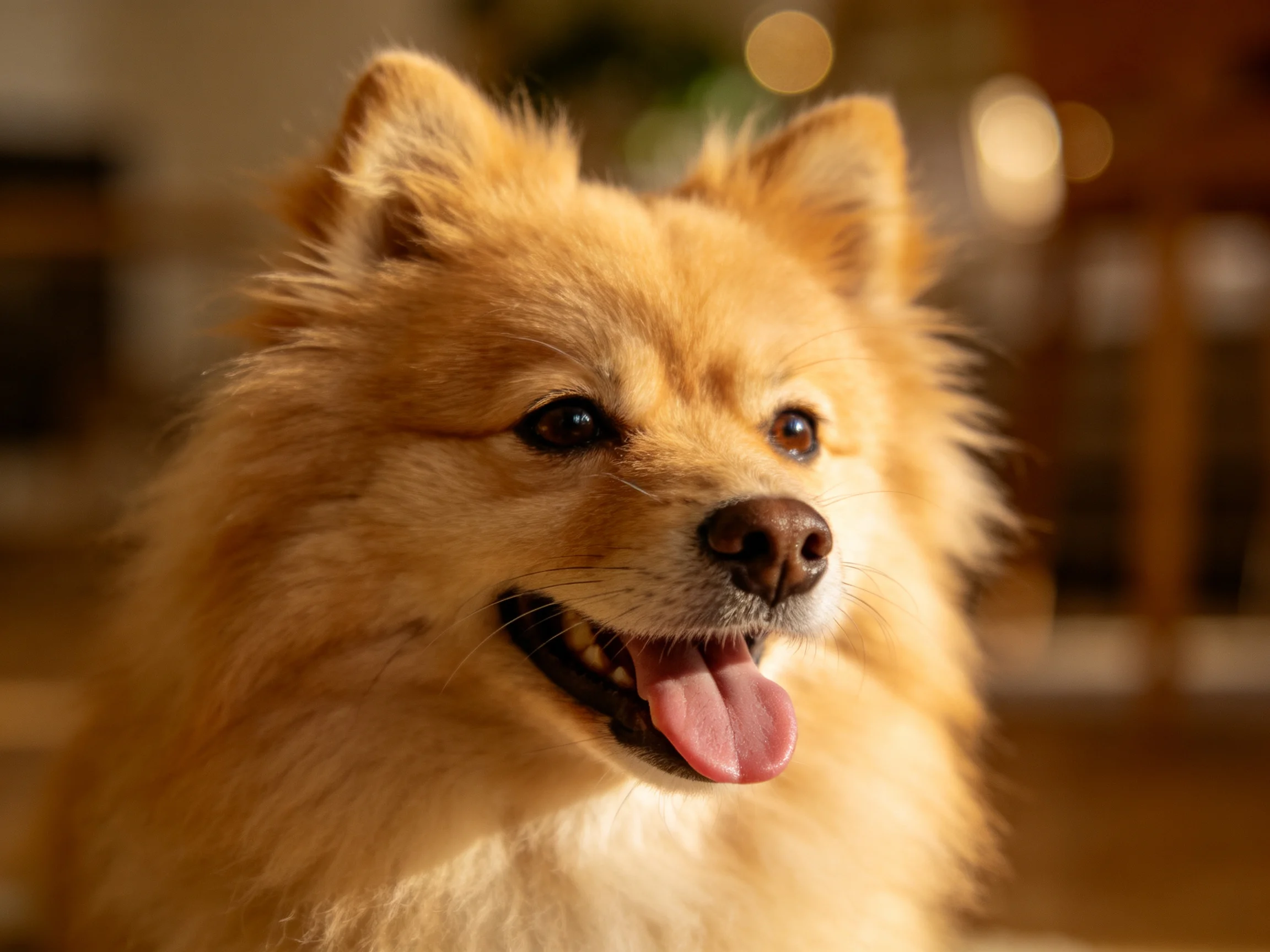 Golden-furred dog with open mouth and tongue in a warmly lit indoor setting.