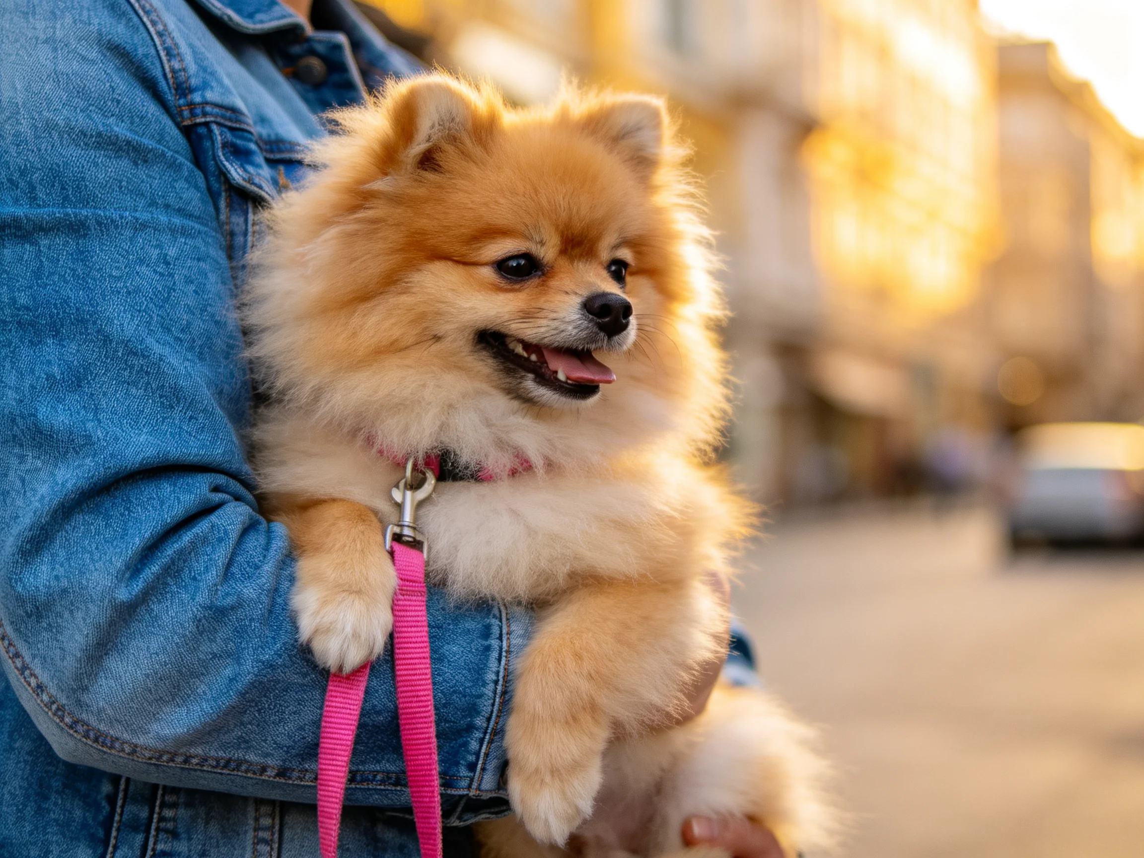 Fluffy tan Pomeranian in blue denim jacket on city street