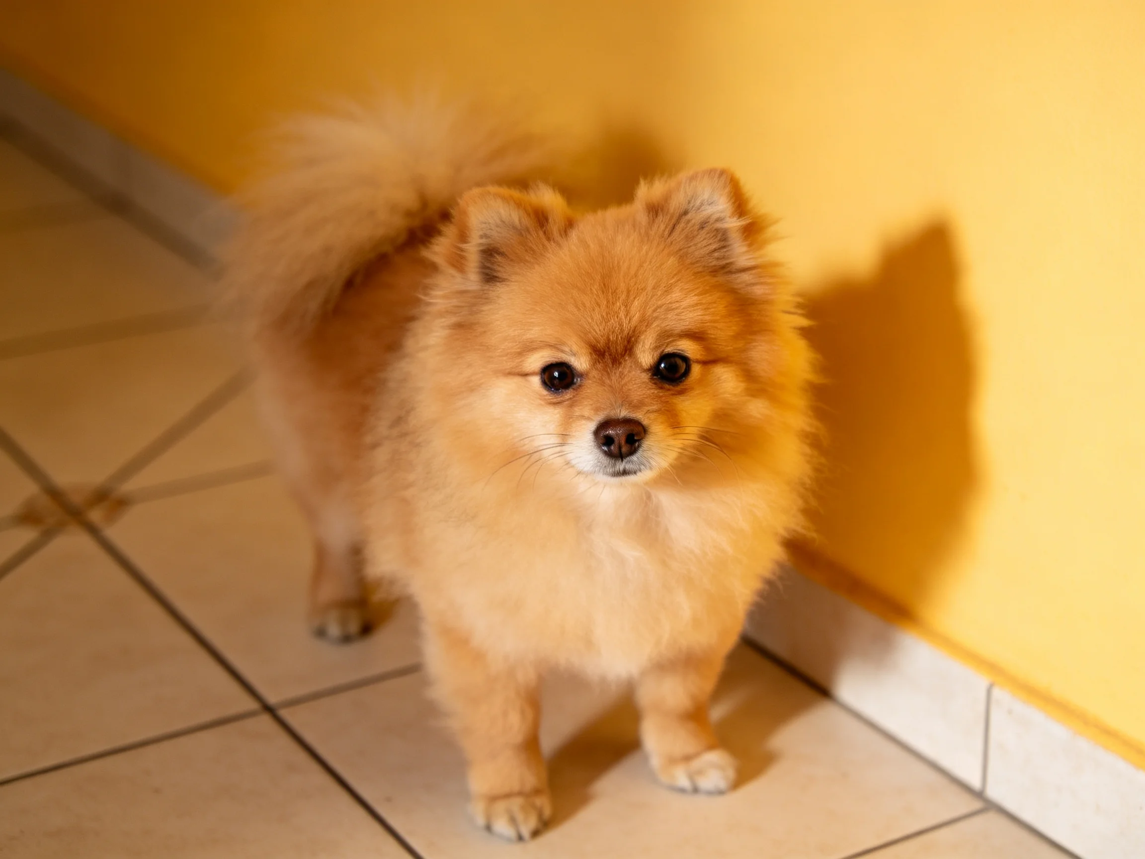 Fluffy tan Pomeranian near bright yellow wall on tiled floor