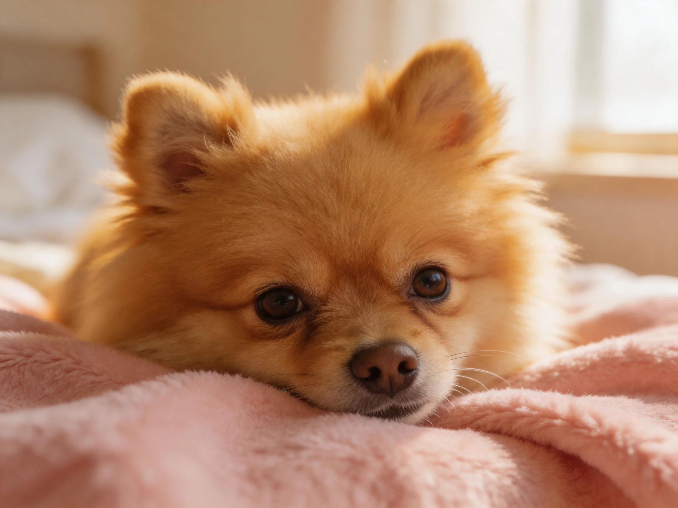 Fluffy tan Pomeranian resting on soft pink blanket in sunlit interior
