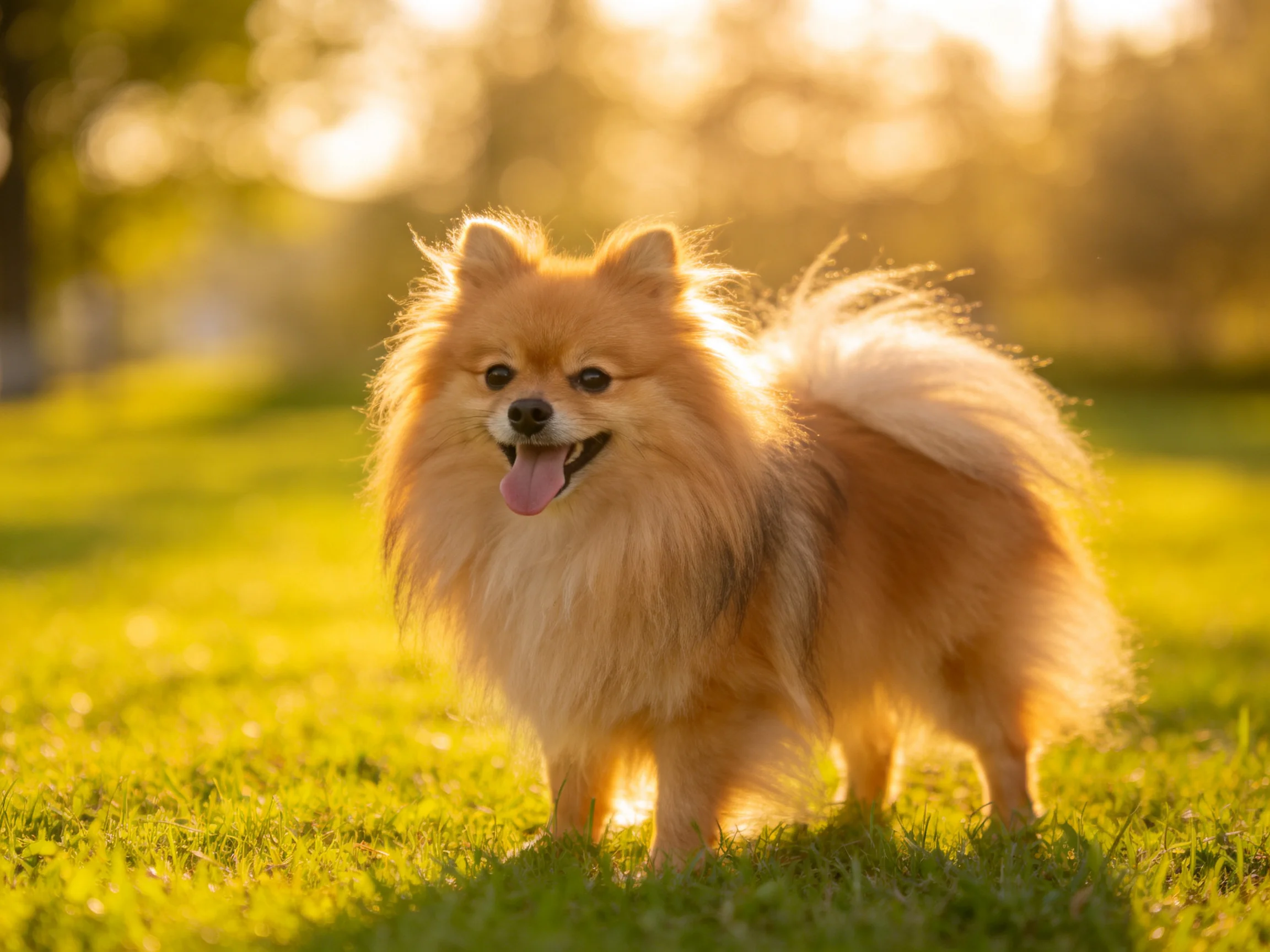 Fluffy tan Pomeranian standing on sunlit green grass