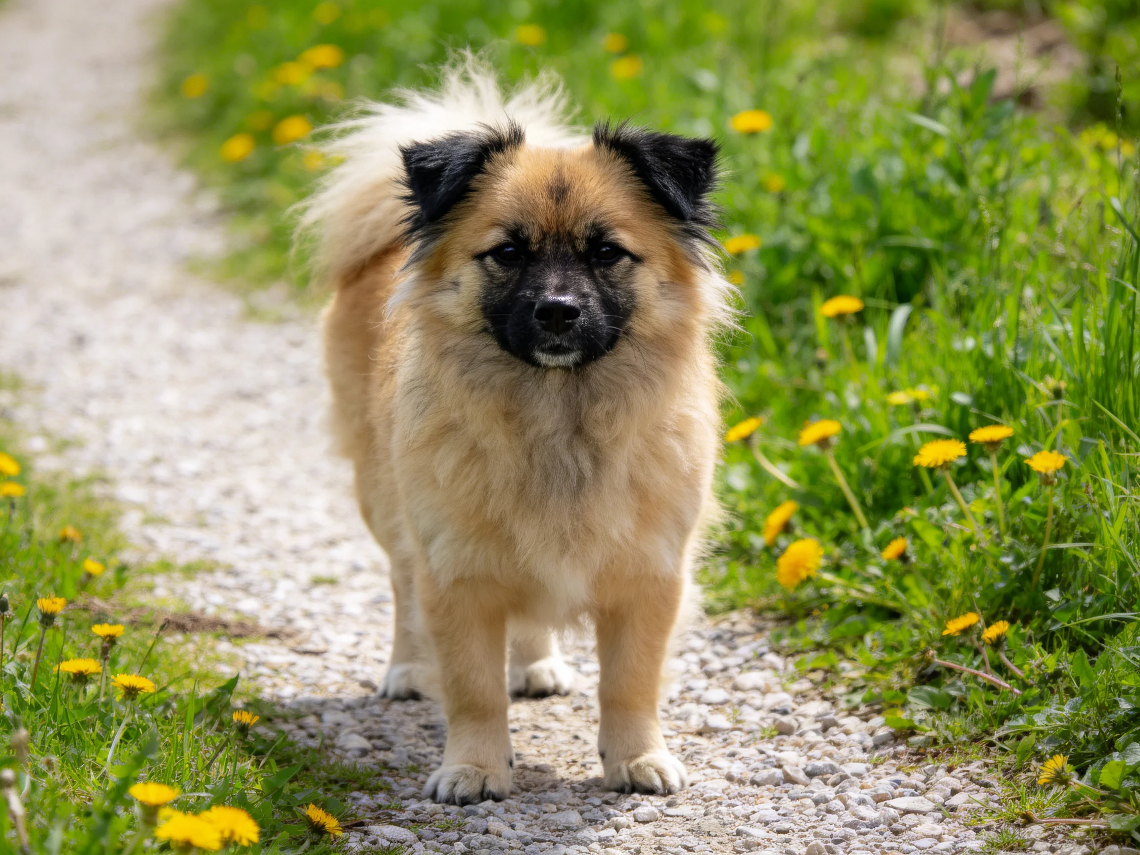 Fluffy tan and black dog on gravel path with yellow wildflowers