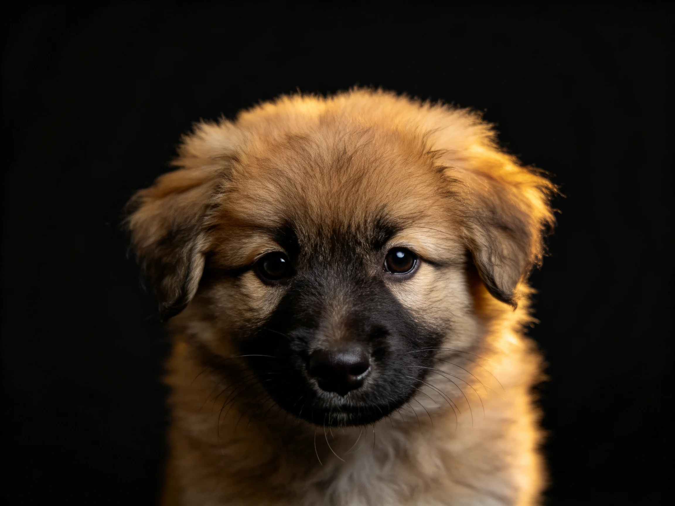 A fluffy tan and black puppy stands out against a dark background.