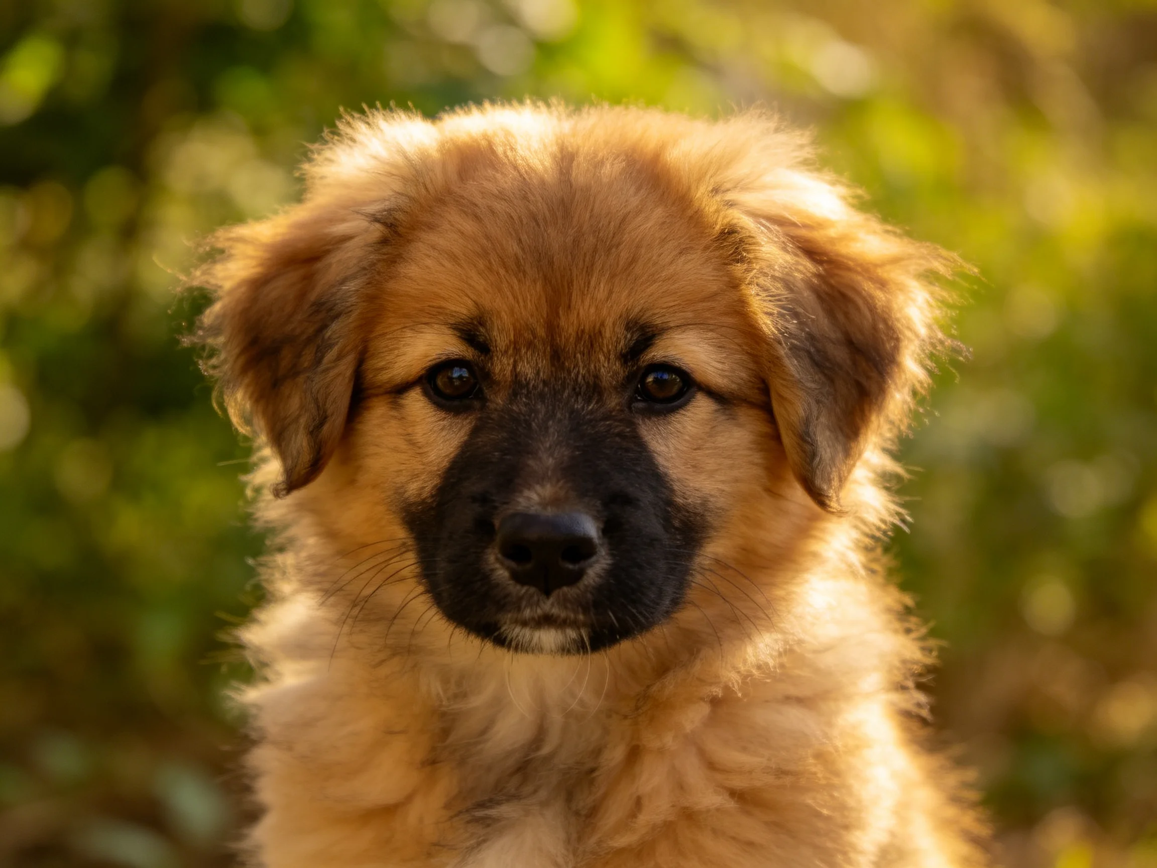 A fluffy tan and black puppy stands out in a sunlit green outdoor scene.