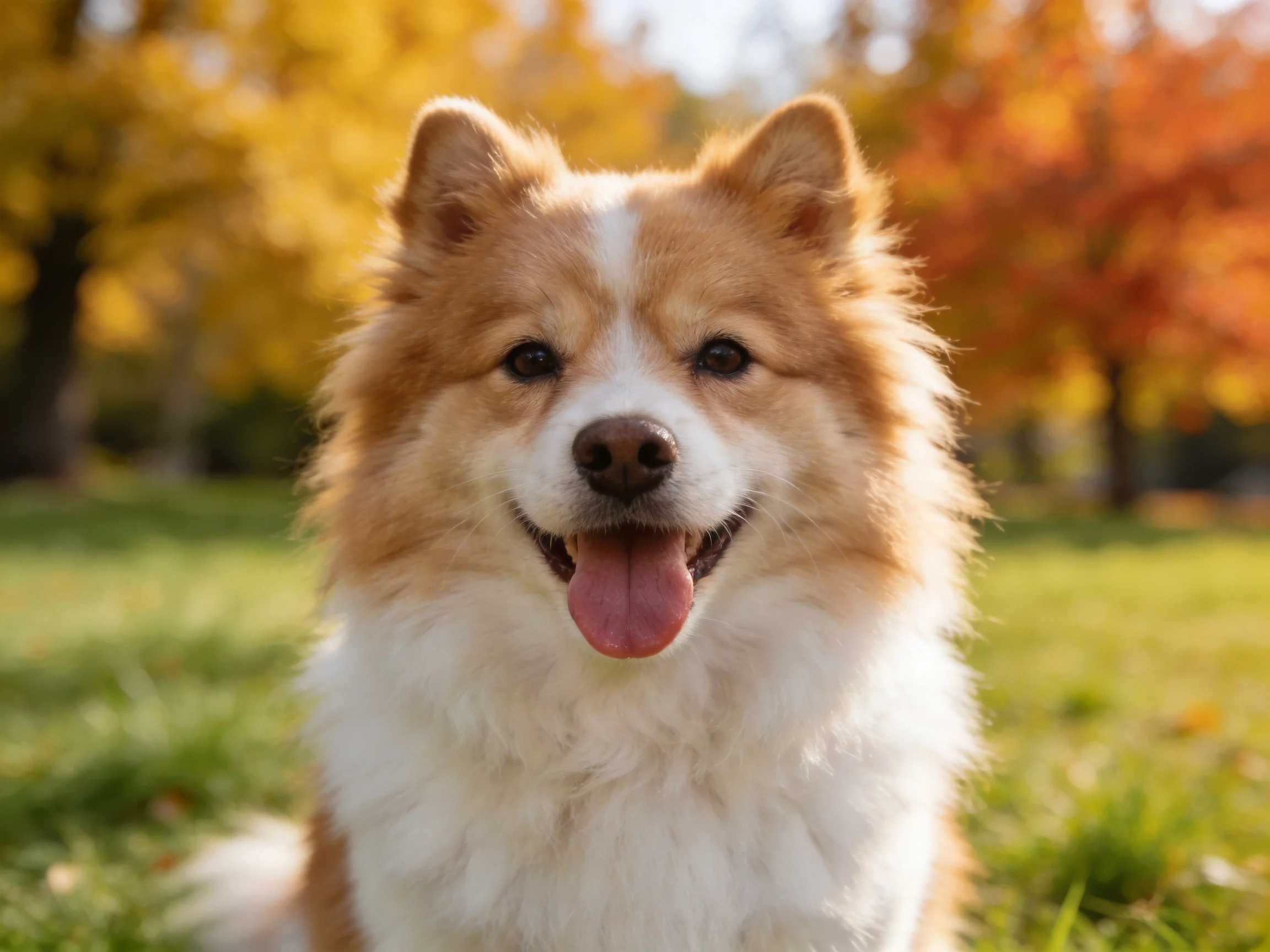 Fluffy tan-and-white dog amidst autumn foliage