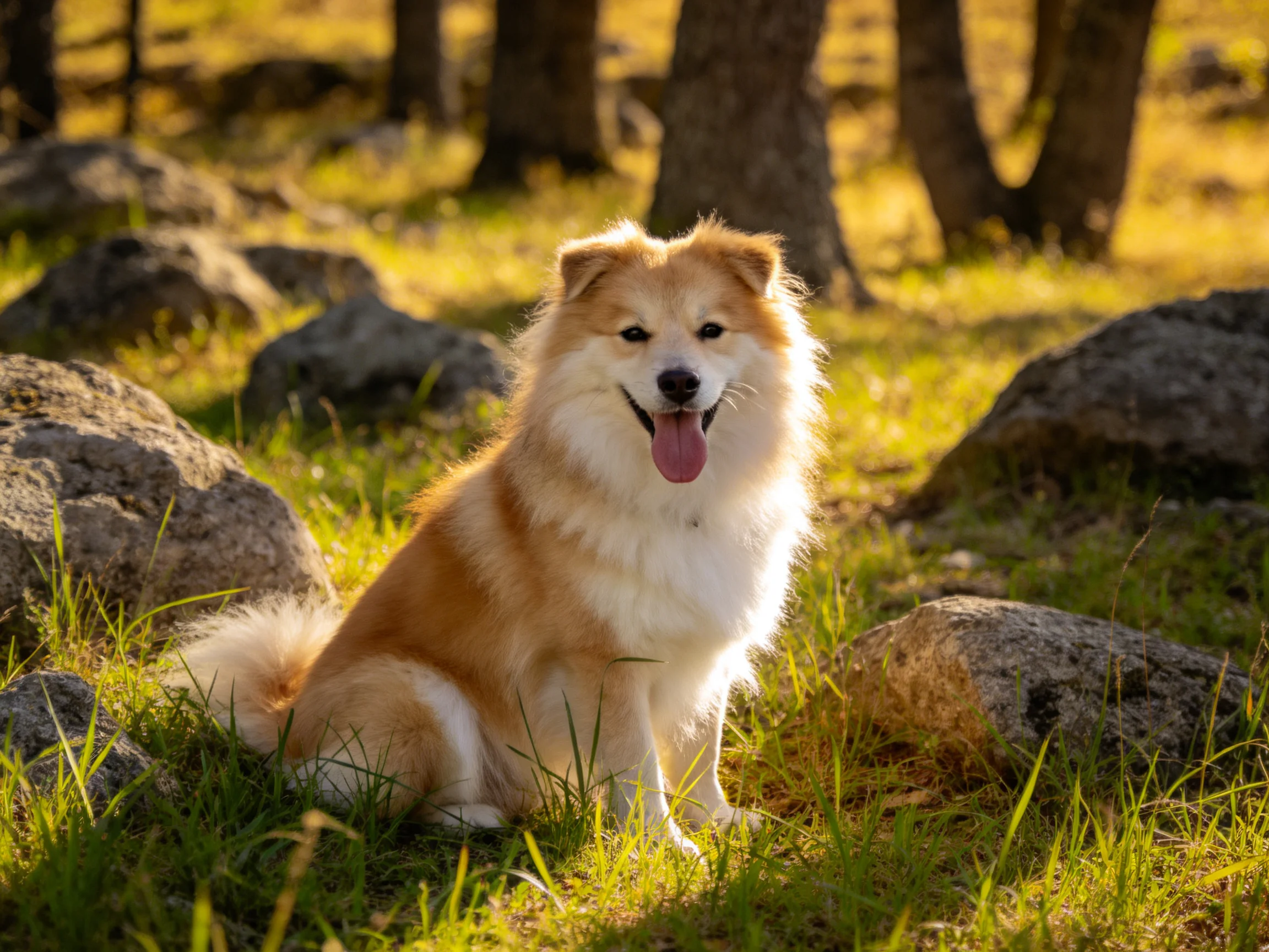 A tan-and-white dog sits happily among rocks and trees in a sunlit outdoor setting.