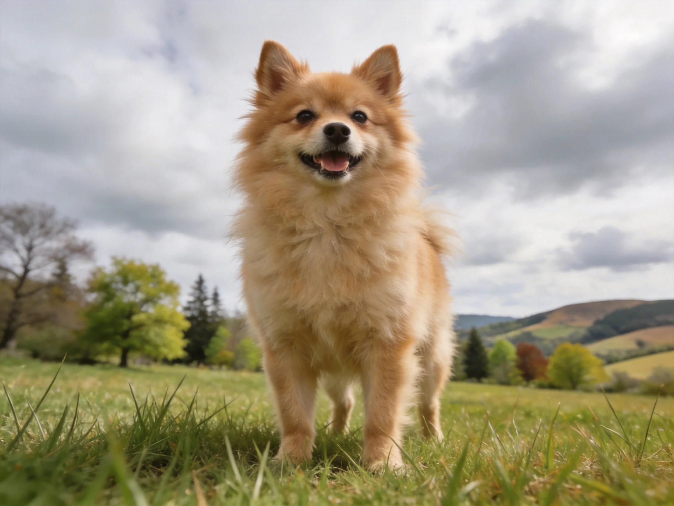 A fluffy tan dog stands happily in a grassy field with trees and hills.