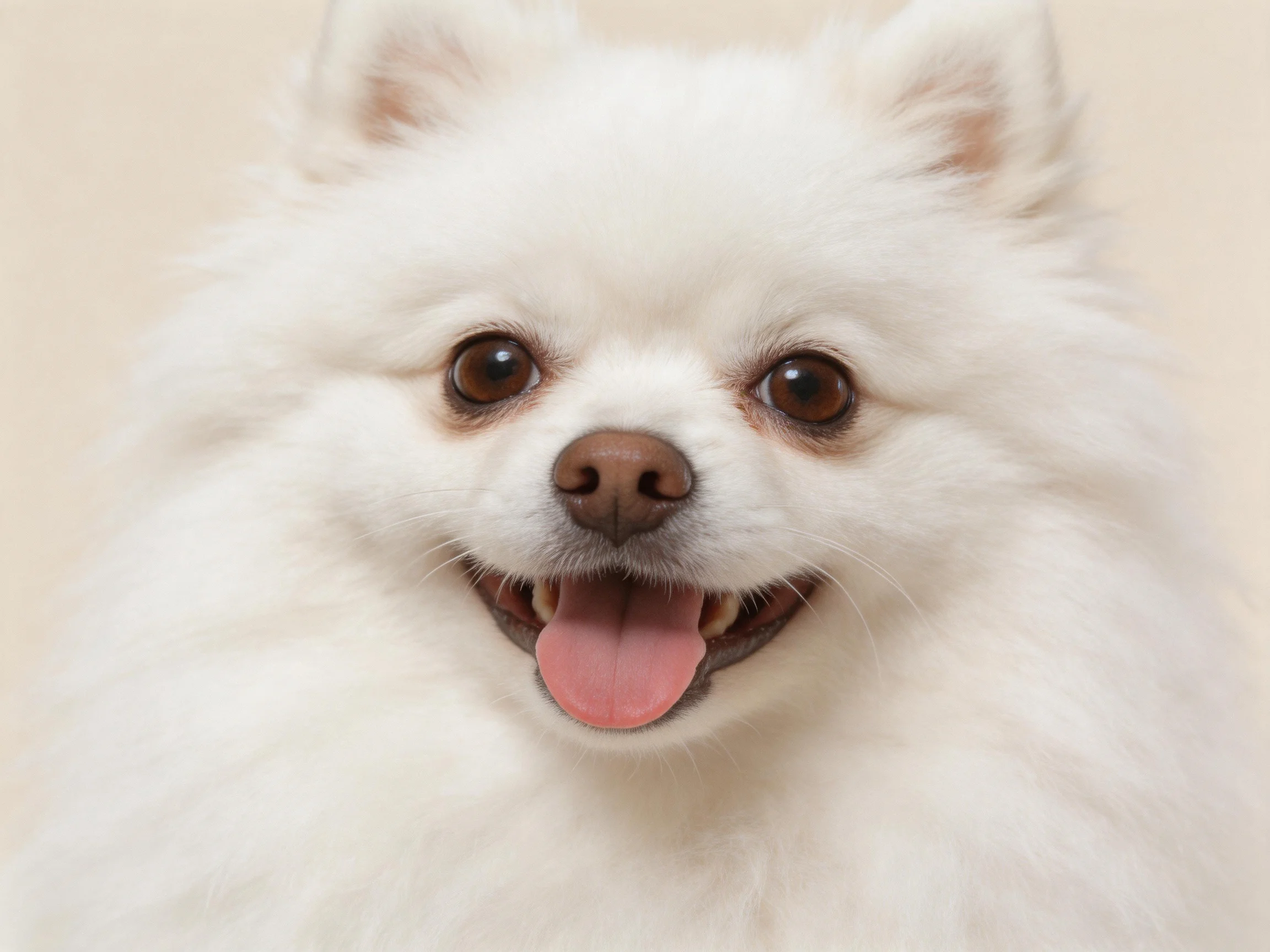 Fluffy white Pomeranian with bright brown eyes and pink tongue