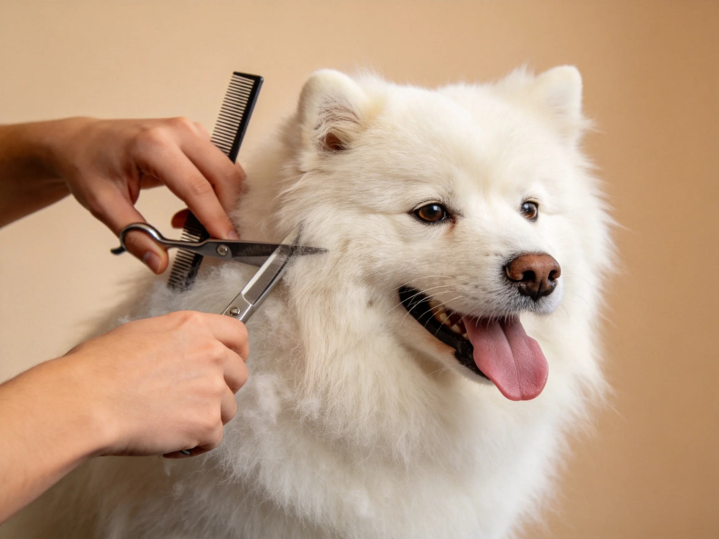 Fluffy white Samoyed being groomed with scissors and comb