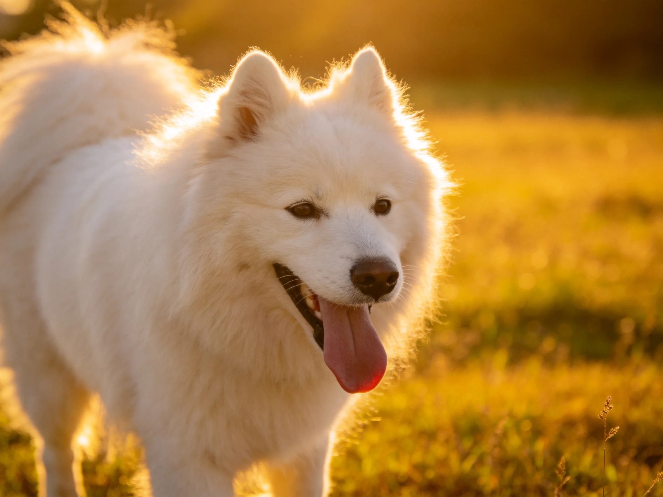 Fluffy white Samoyed dog in a golden sunset meadow