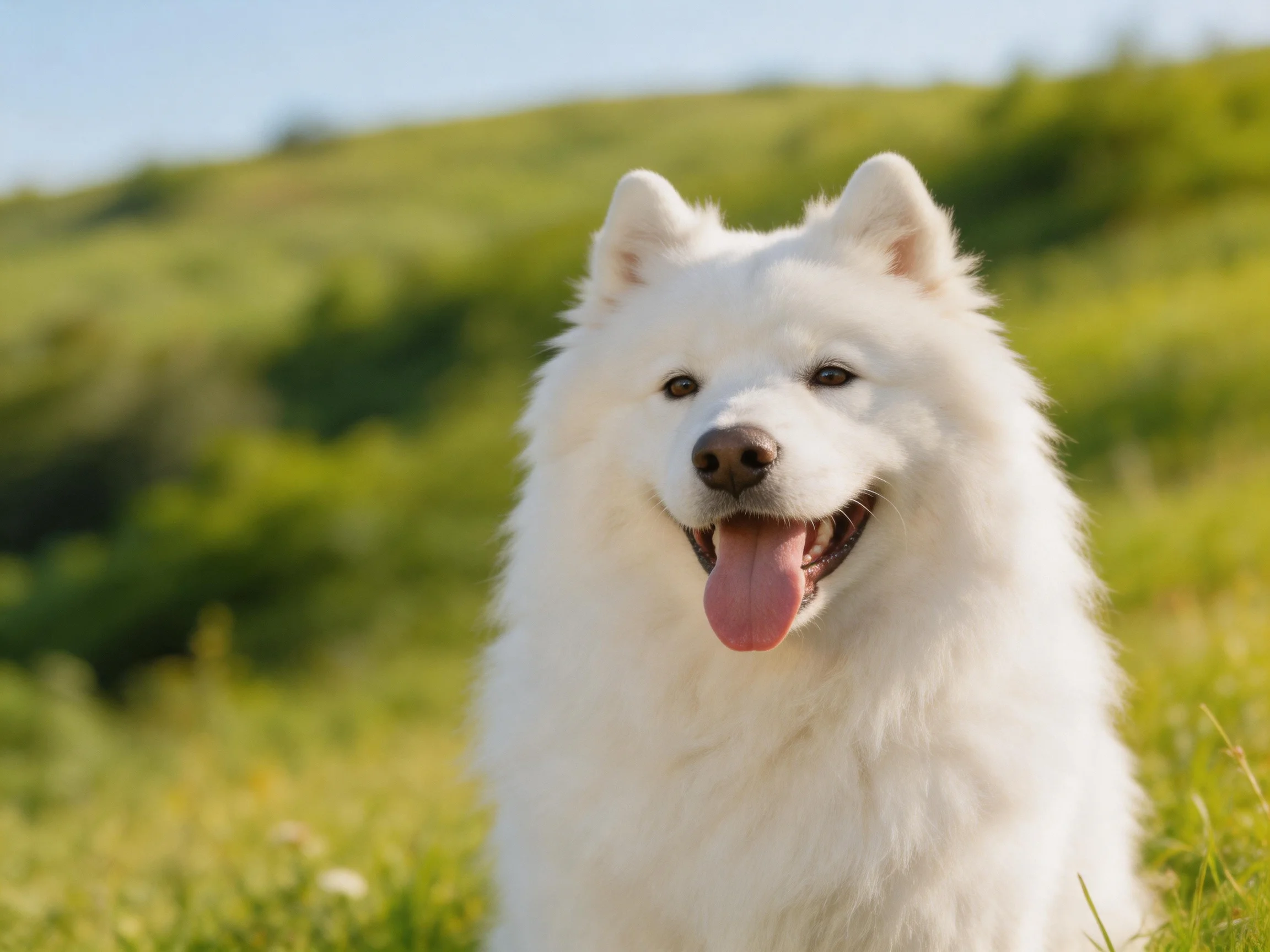 Fluffy white Samoyed dog in sunny green meadow
