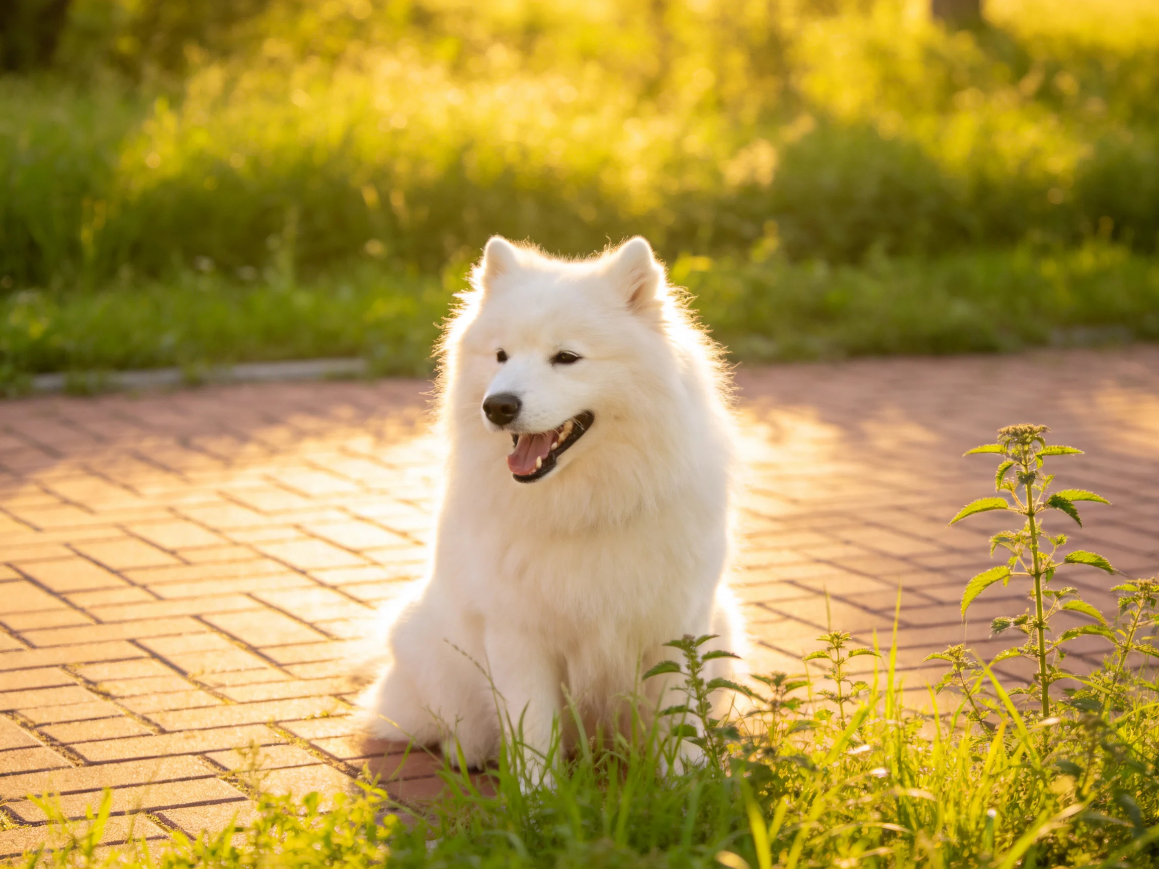 Fluffy white Samoyed dog on brick path with greenery in golden hour