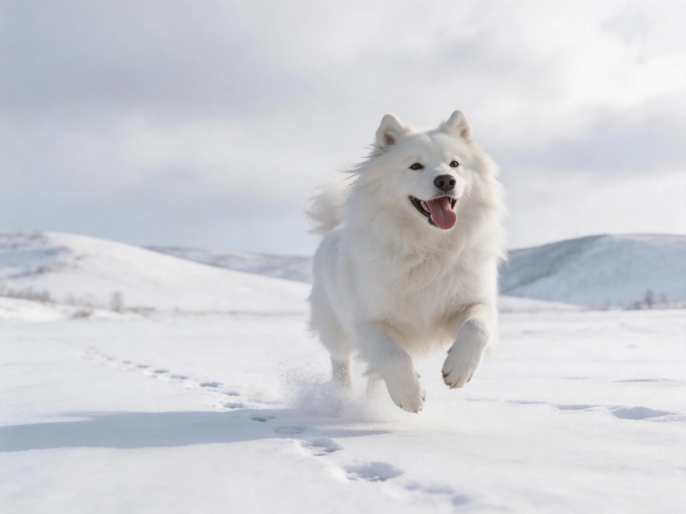 Fluffy white Samoyed dog running through snow-covered hills