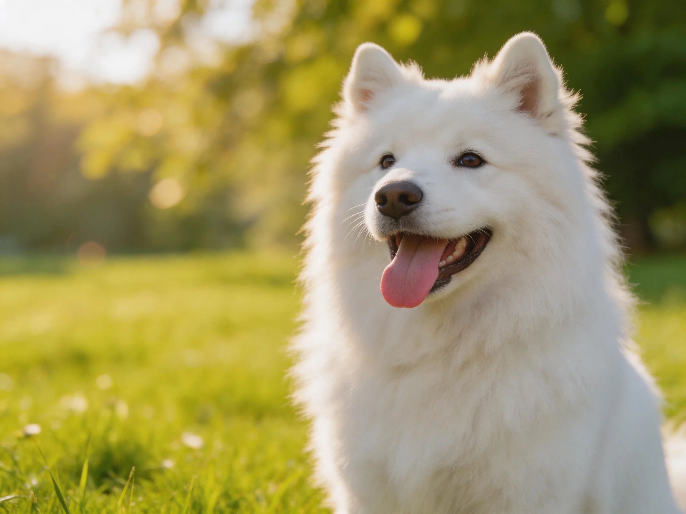 Fluffy white Samoyed dog sitting on green grass in sunny outdoor setting