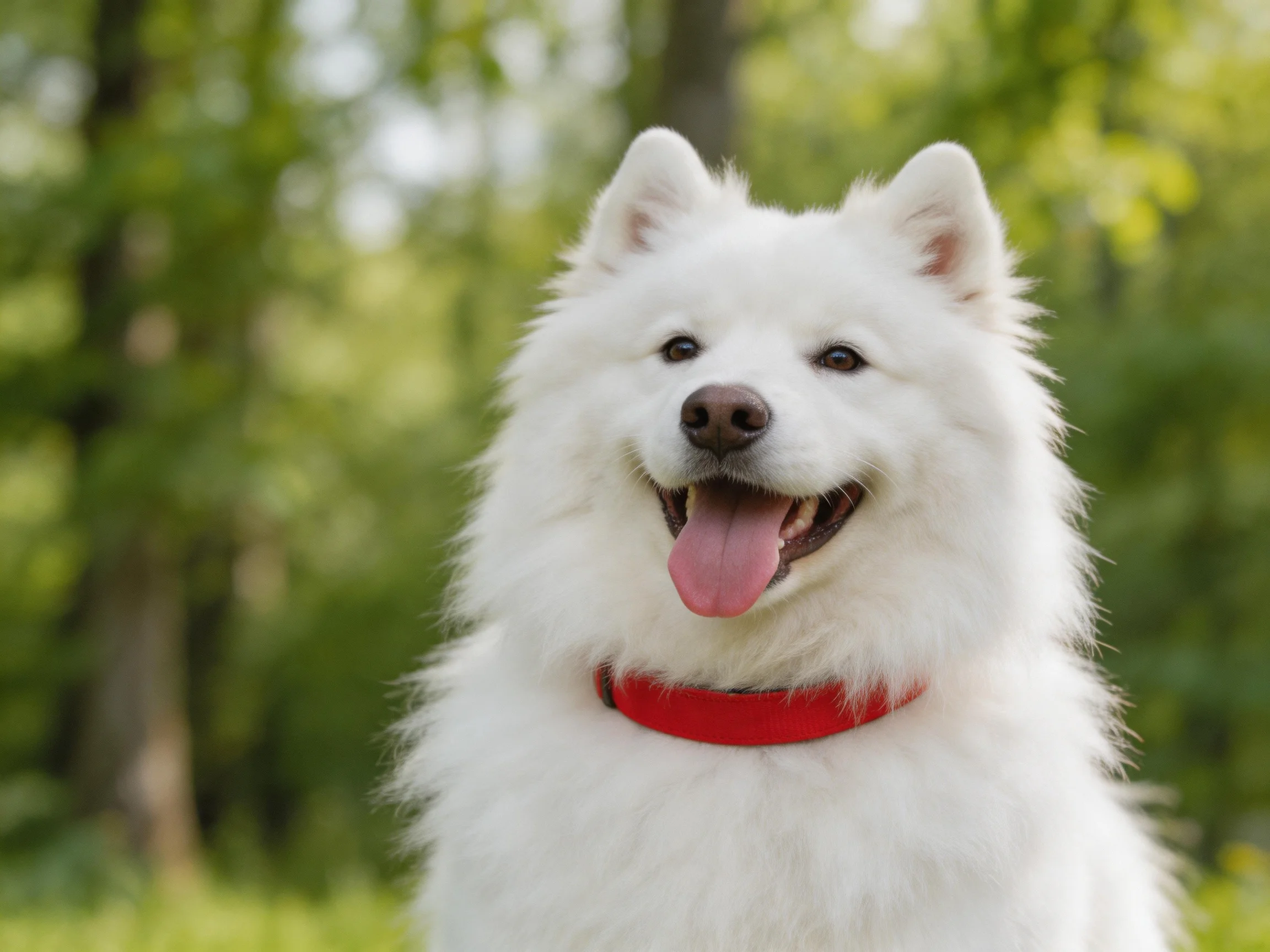 Fluffy white Samoyed dog with red collar in green forest