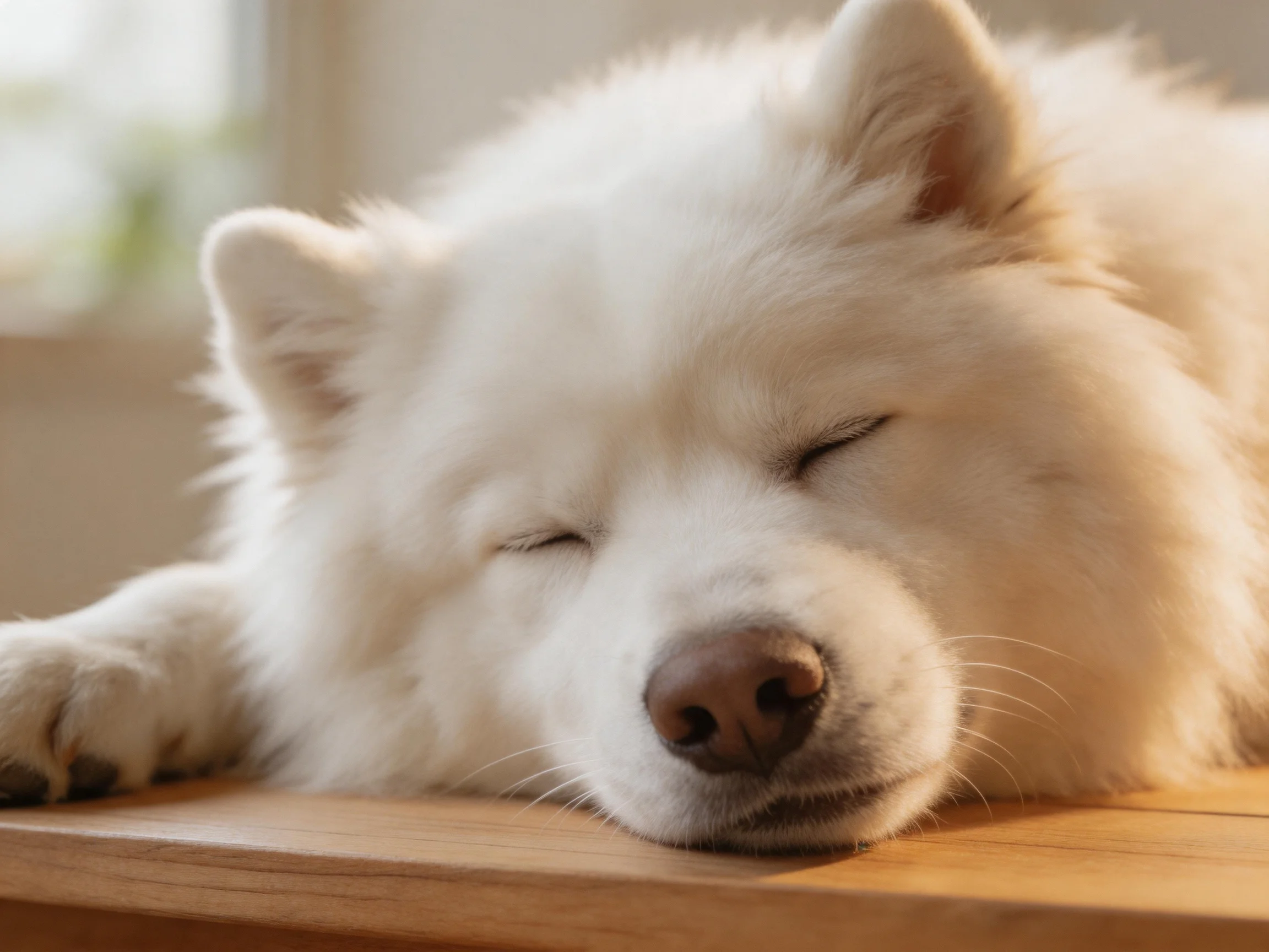 Fluffy white Samoyed sleeping on a wooden table
