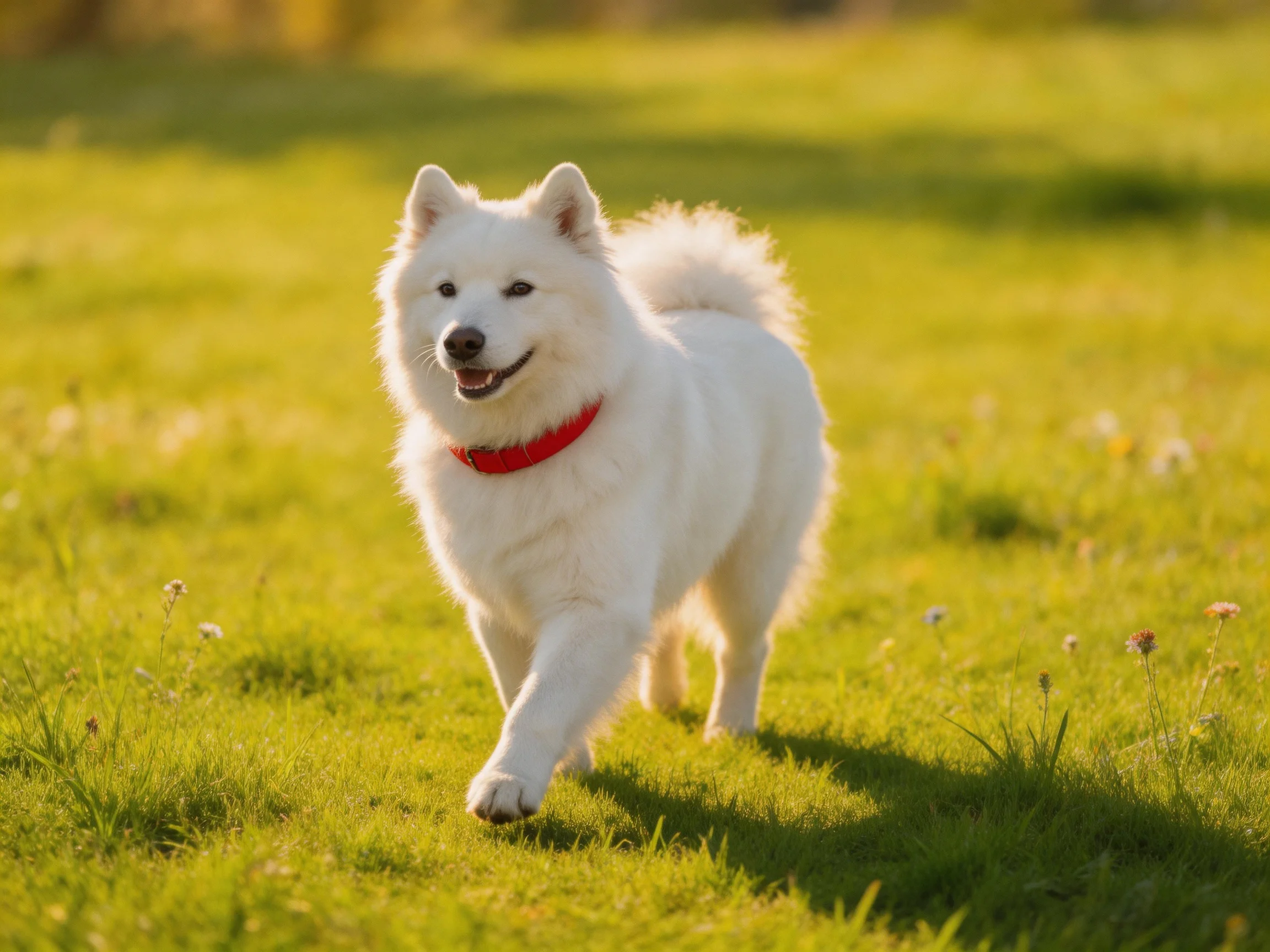 A white Samoyed with a red collar runs joyfully on green grass.