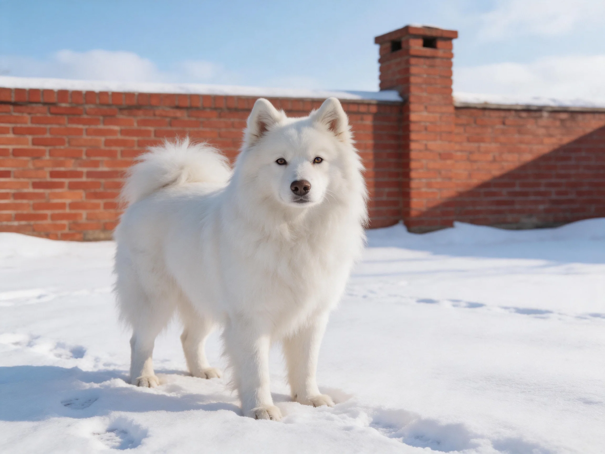 Fluffy white Samoyed stands on snow near red brick wall