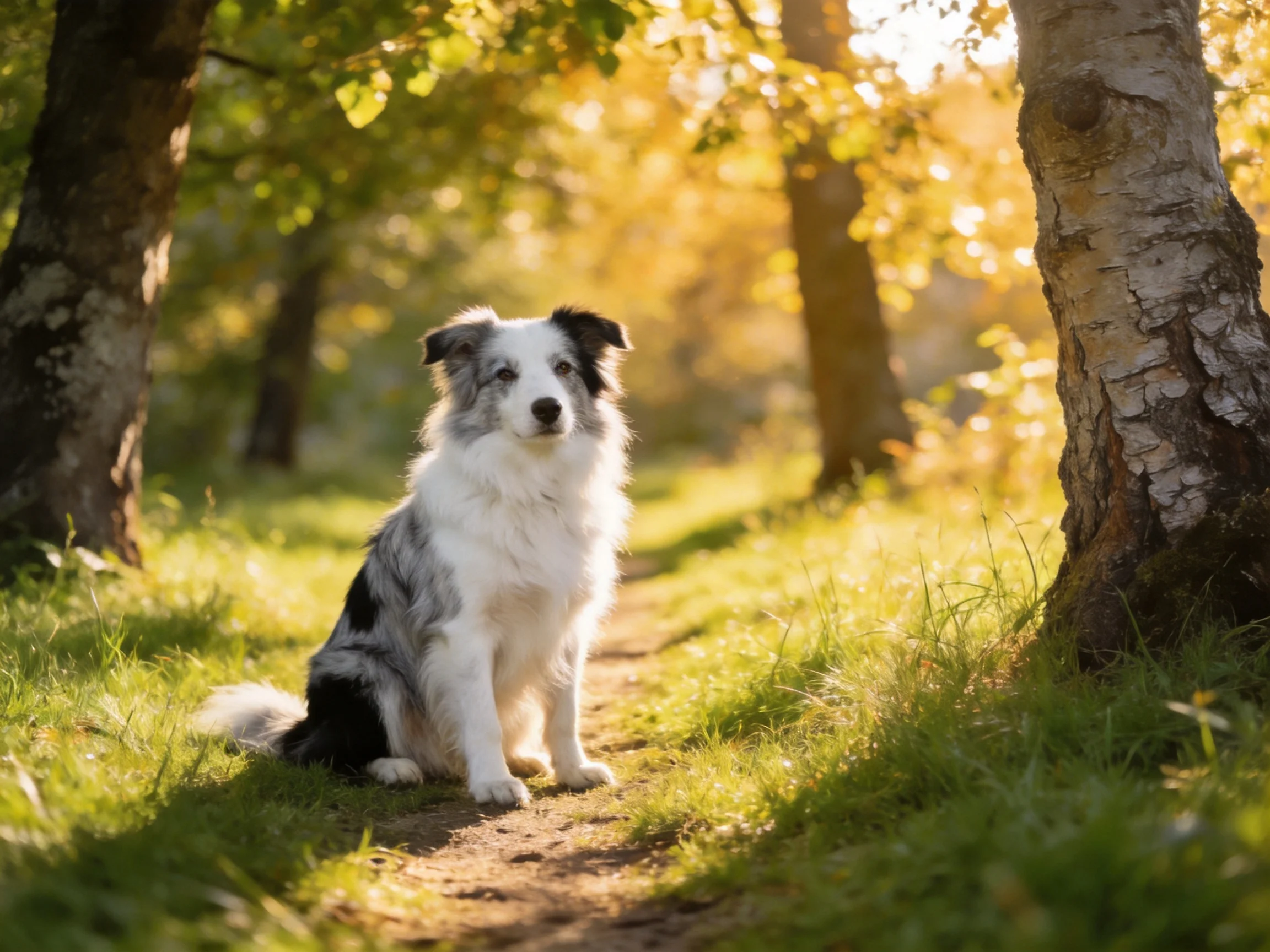 A dog sits calmly on a sunlit forest path amid trees.