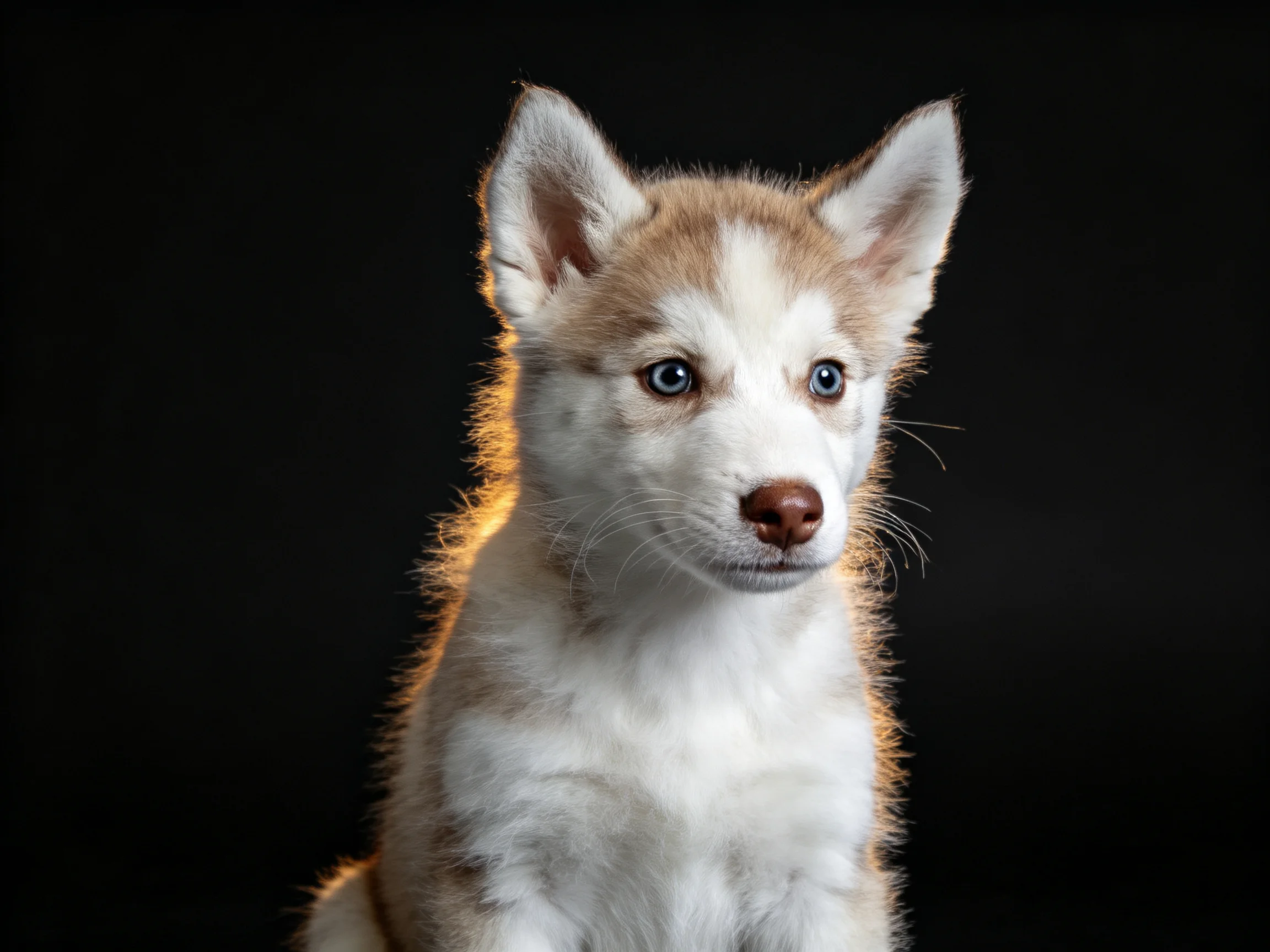 A puppy with blue eyes sits against a dark background.