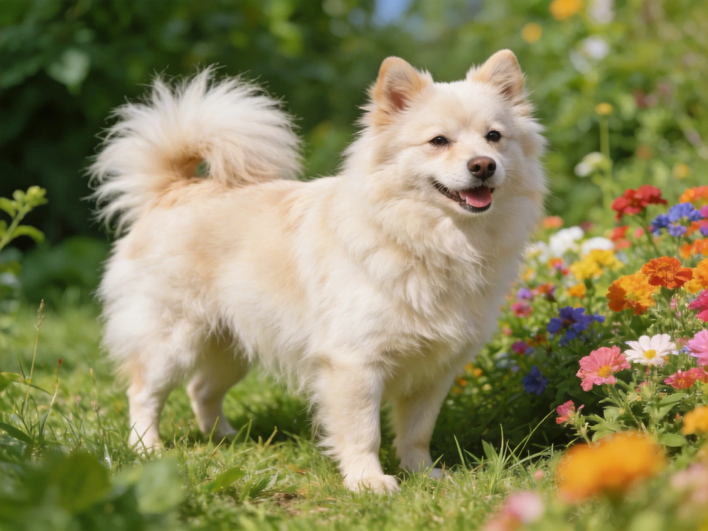 A fluffy white dog stands near colorful flowers in a sunny garden.