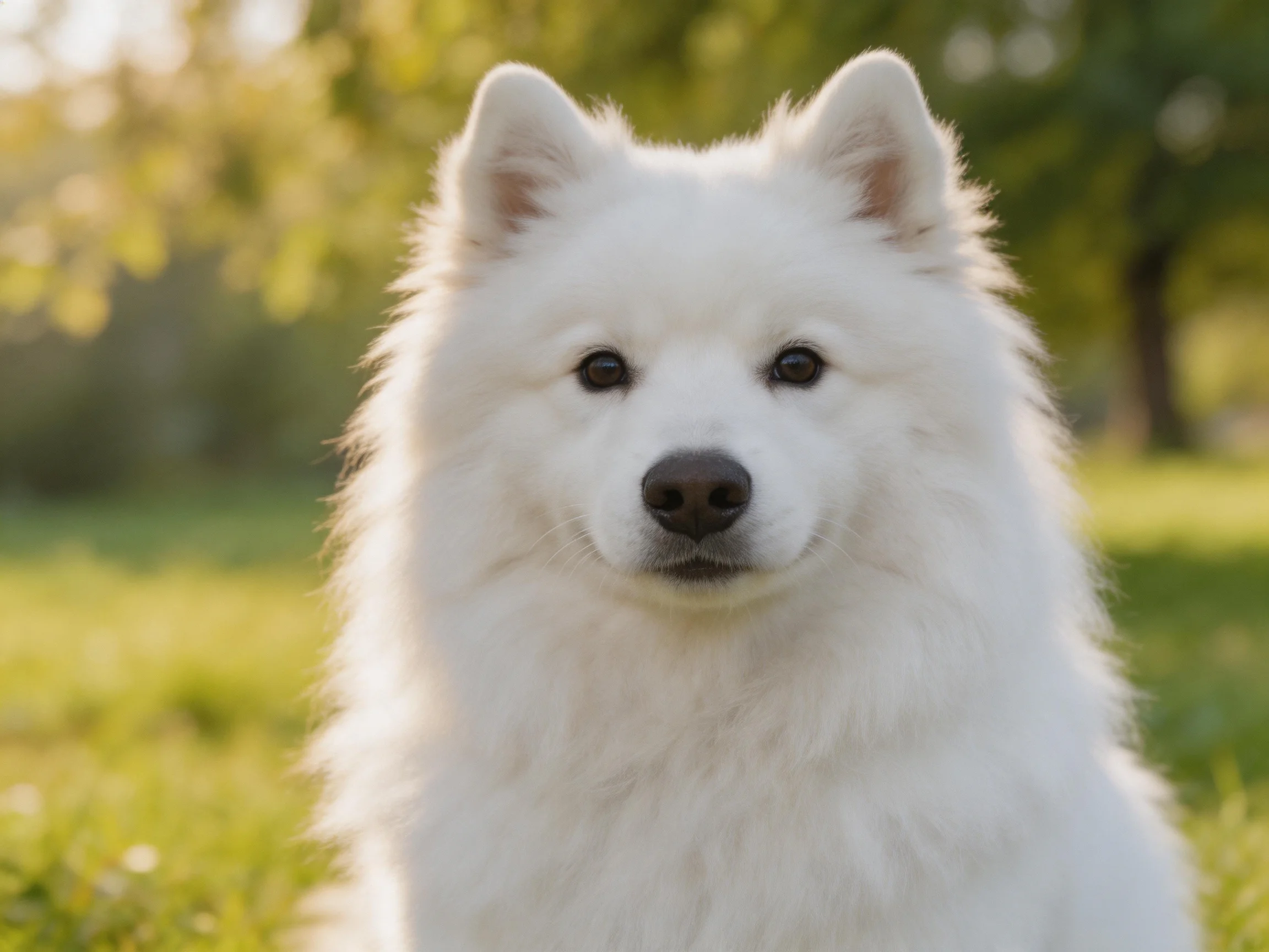 A fluffy white dogstands in a sunlit green park