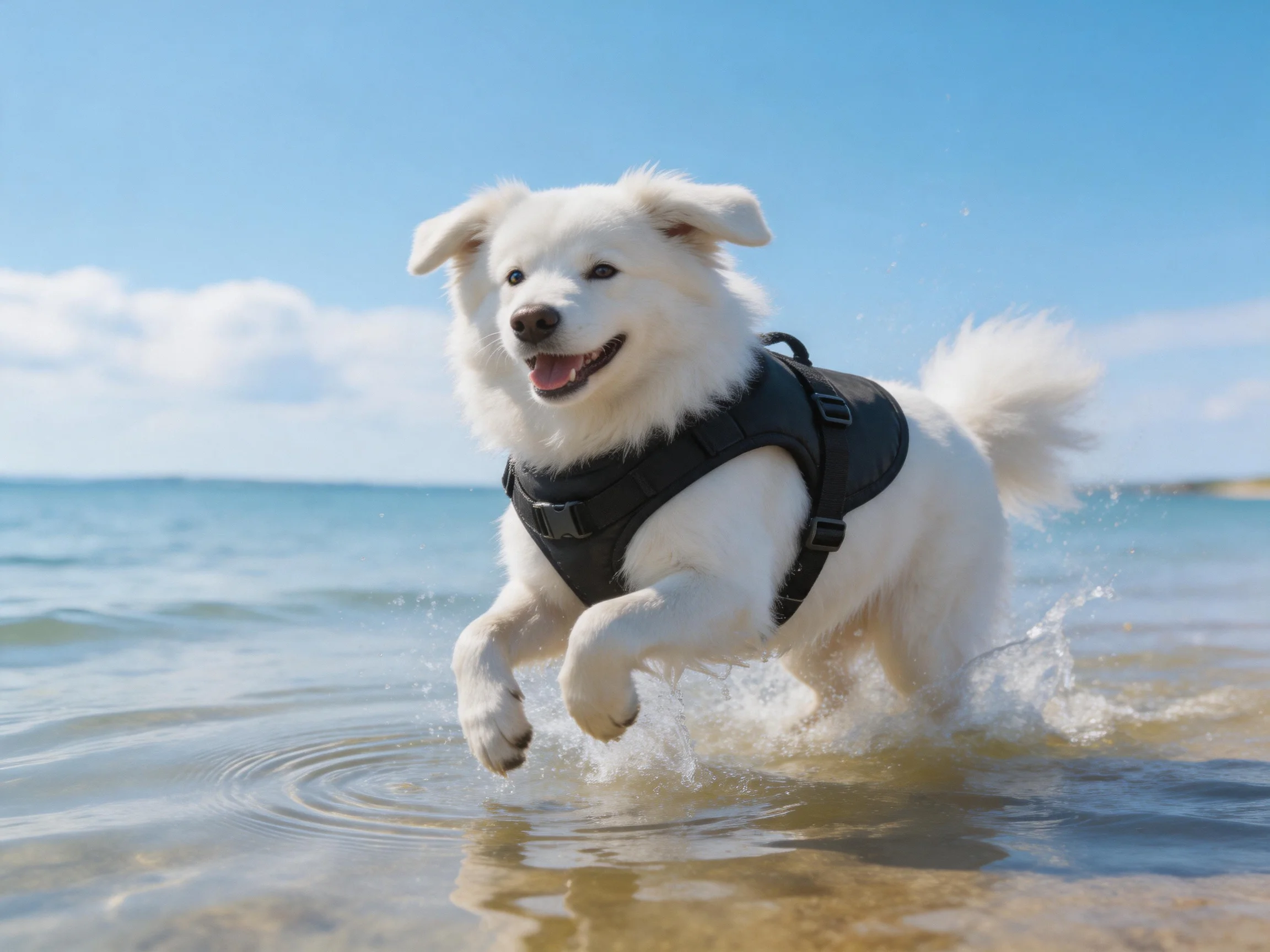 A white dog with a black harness runs joyfully through shallow ocean water.