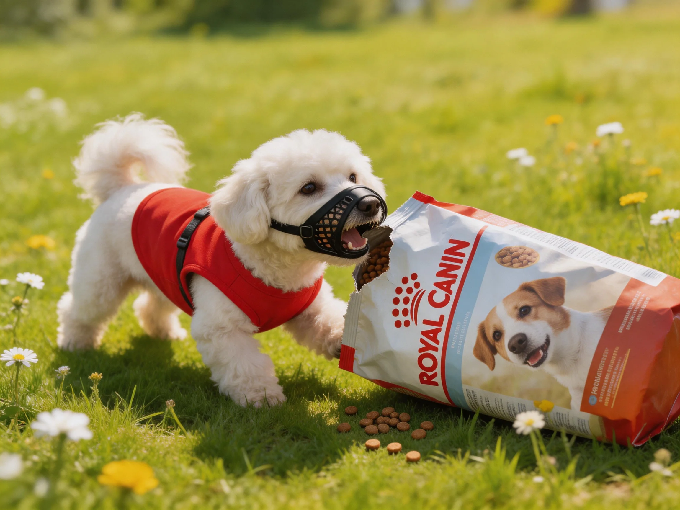 Fluffy white dog in red vest plays with Royal Canin bag on grassy field