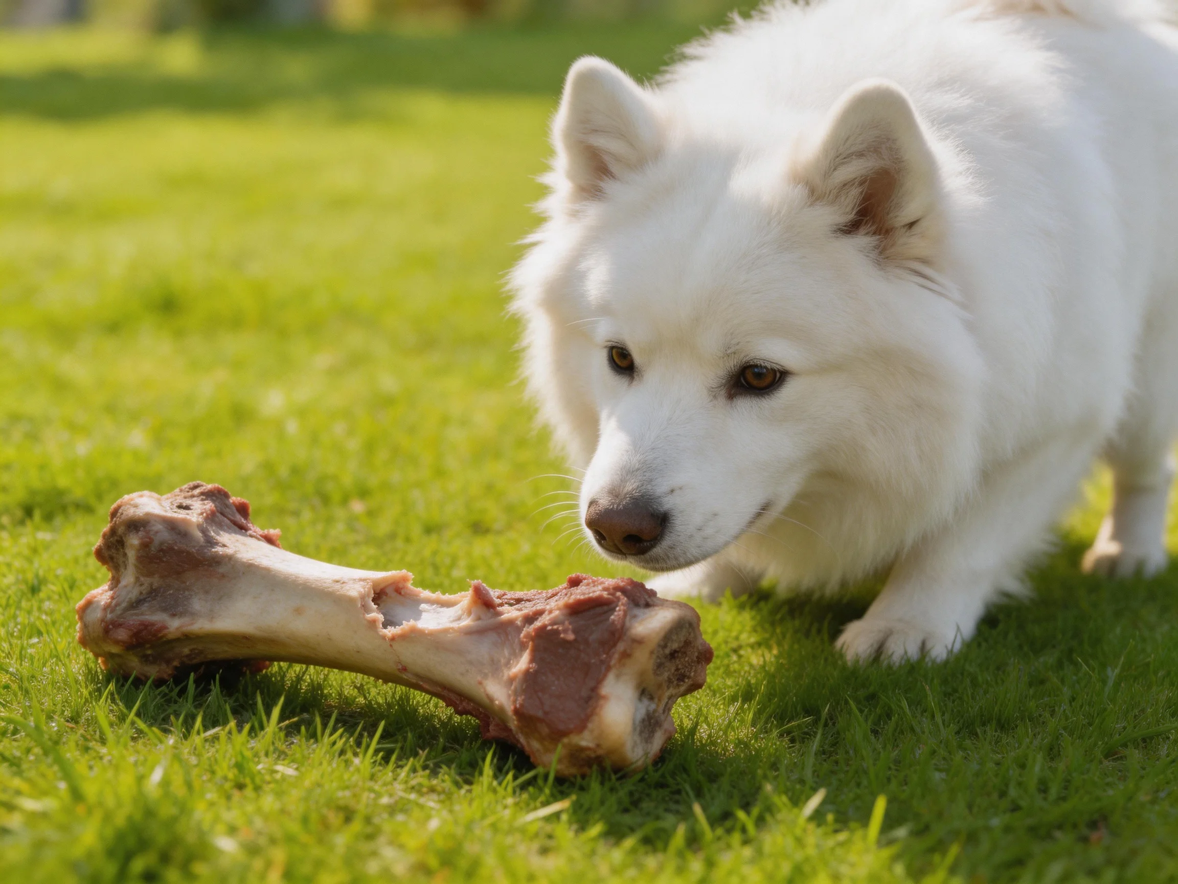 A white dog inspects a large bone on a grassy lawn.