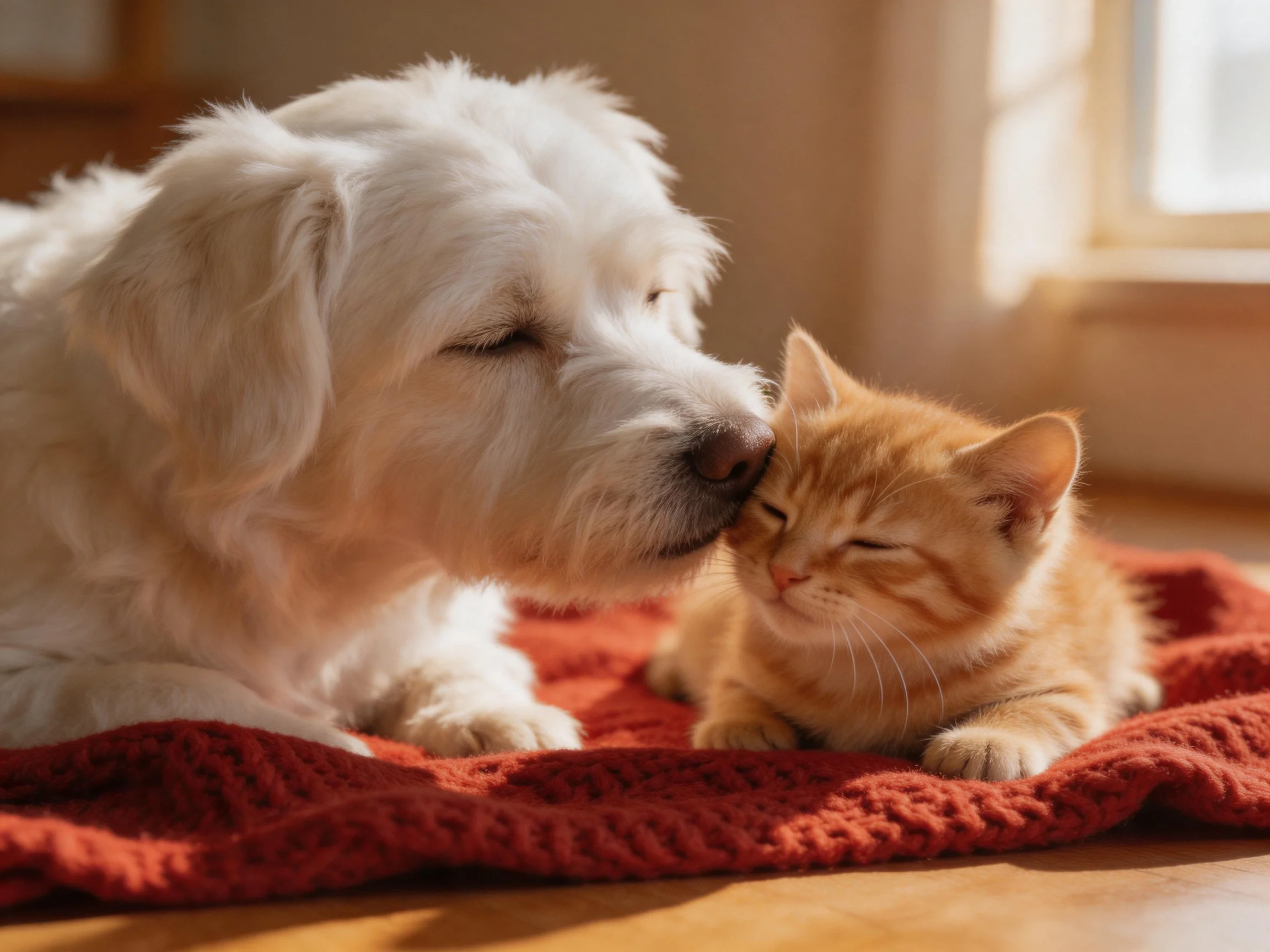 Fluffy white dog nuzzles orange kitten on red blanket