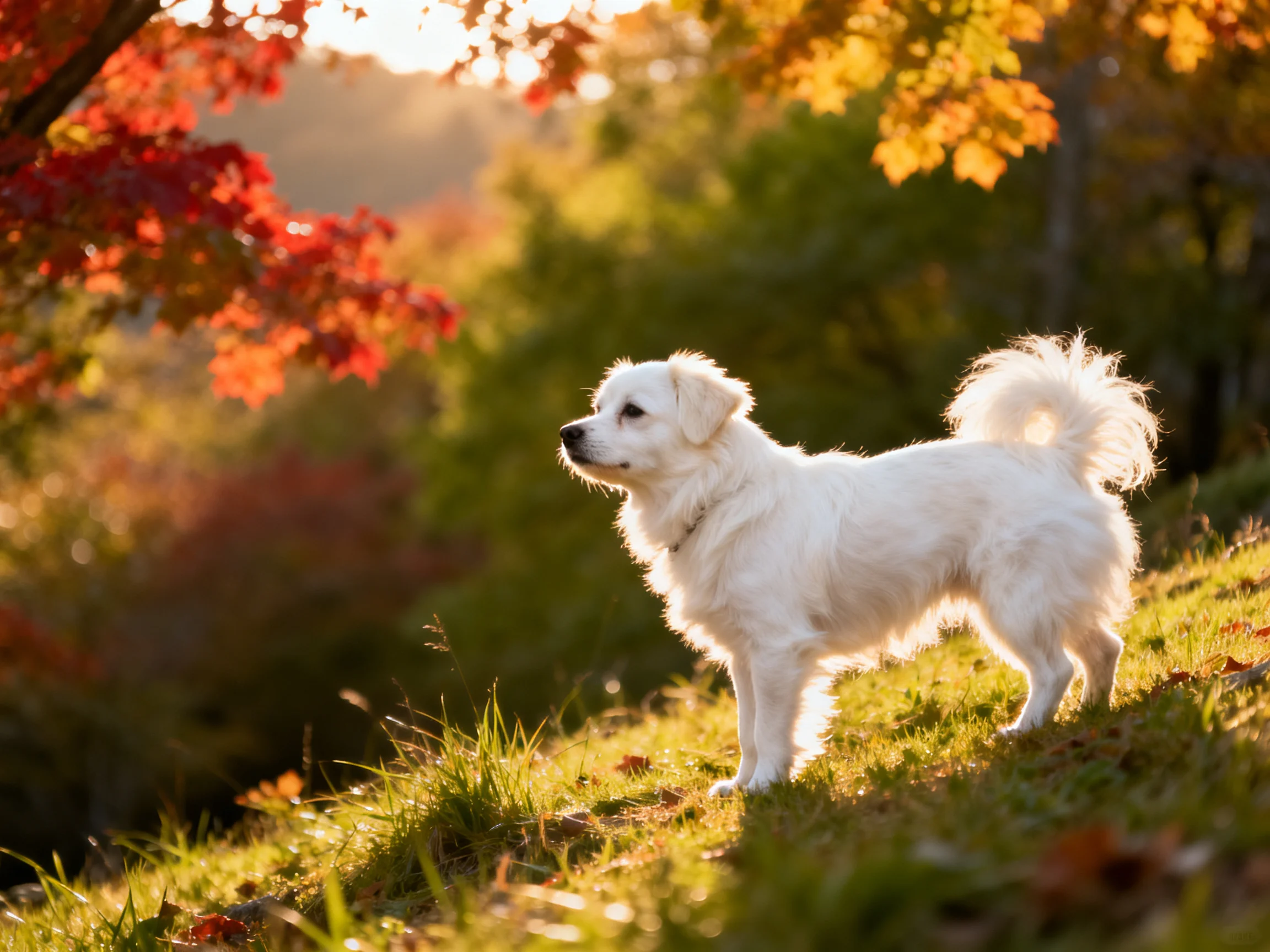 Fluffy white dog on grassy hill with vibrant fall foliage under sunlight