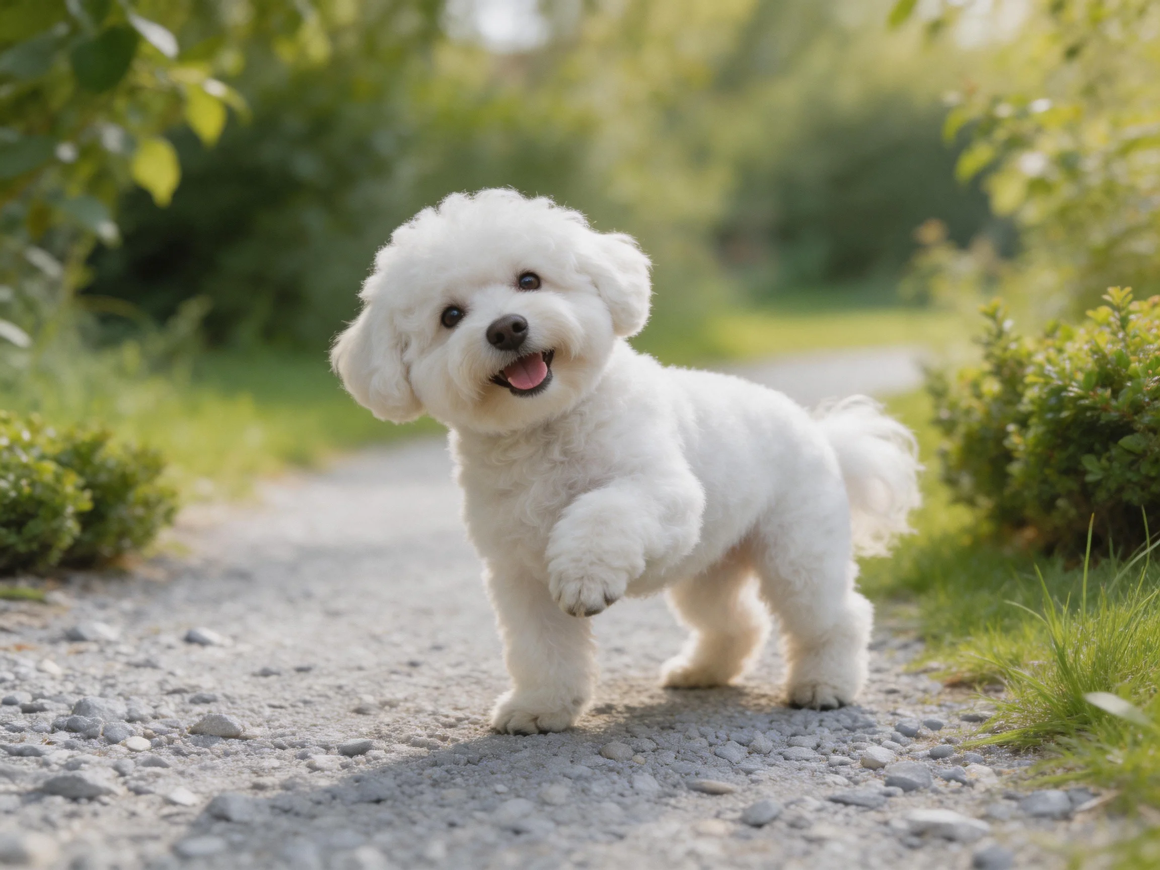 Fluffy white dog on gravel path near green bushes