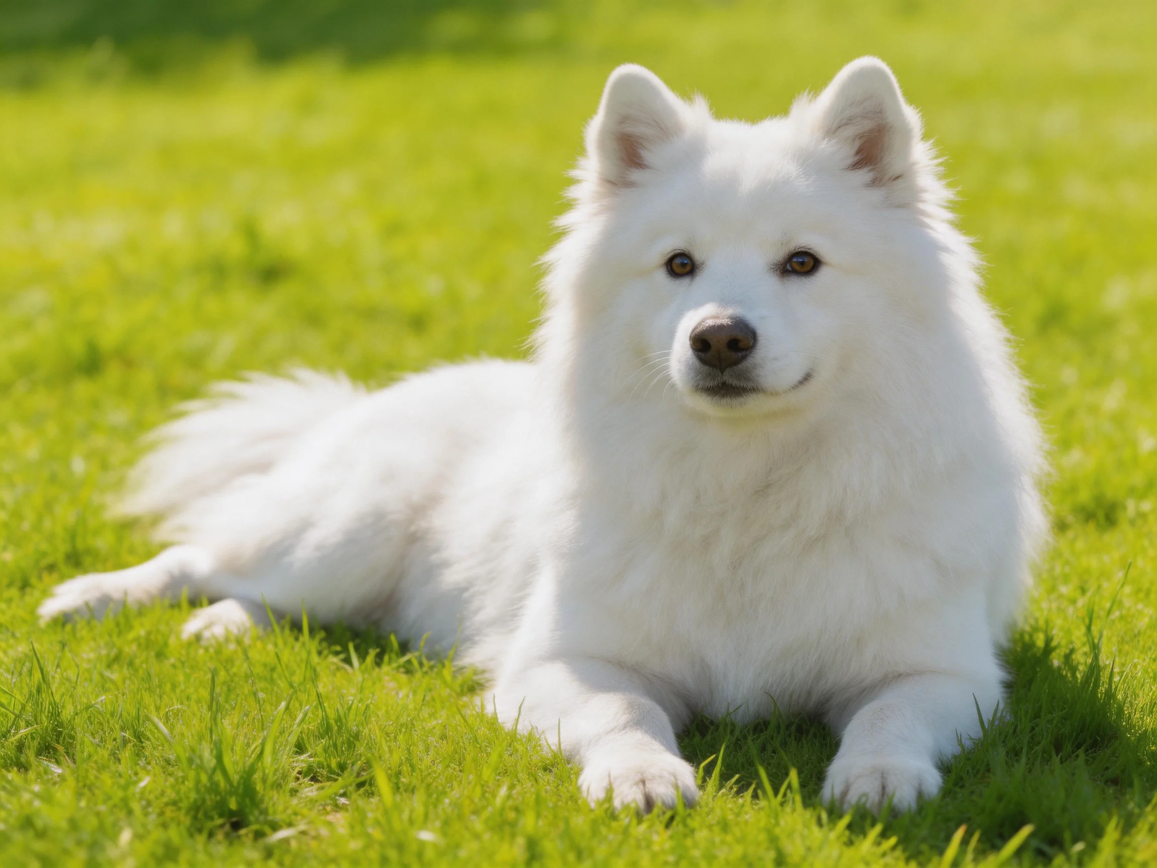 Fluffy white dog resting on vibrant green grass