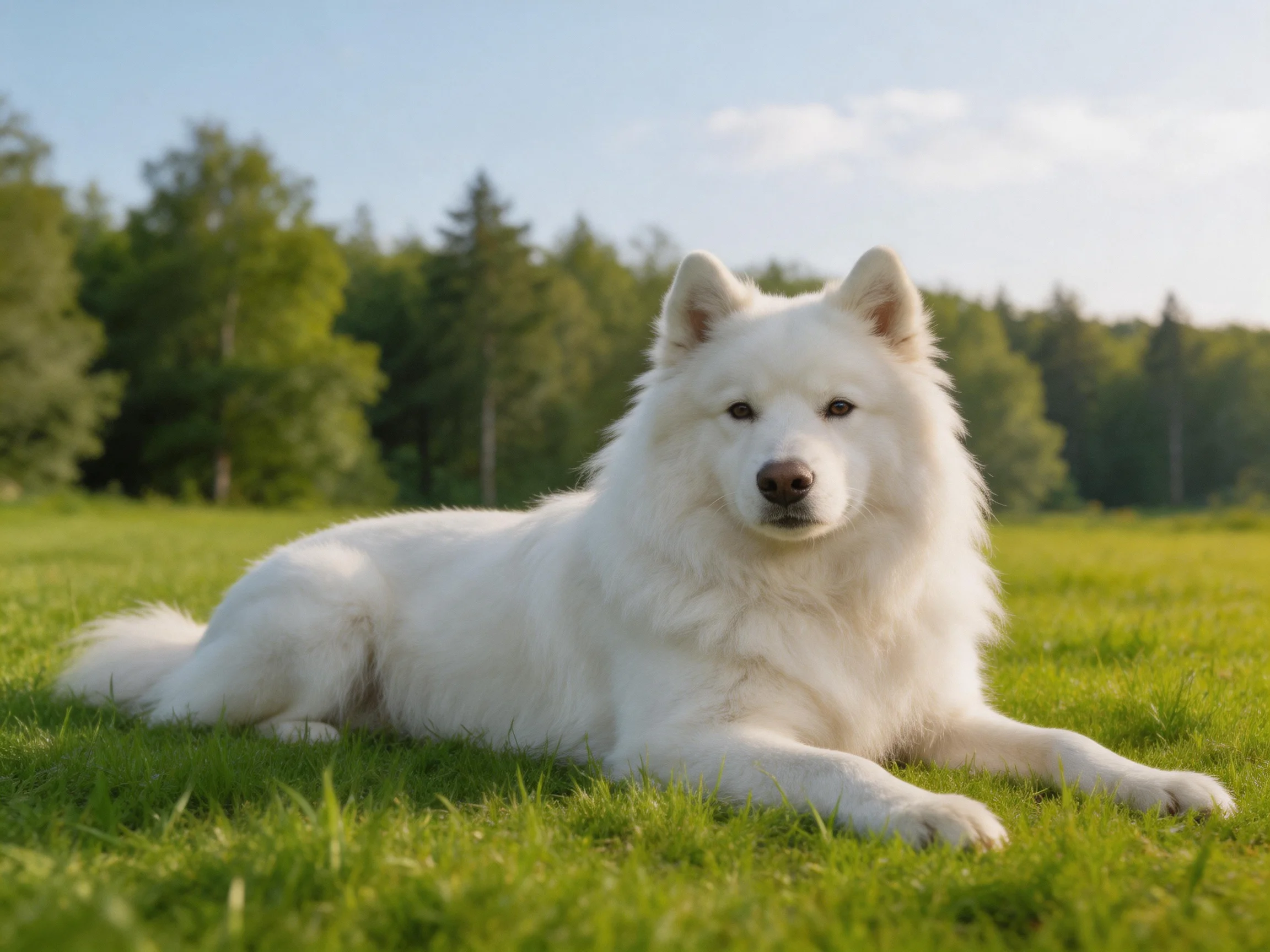 A white dog lies calmly on green grass in a wooded outdoor area.
