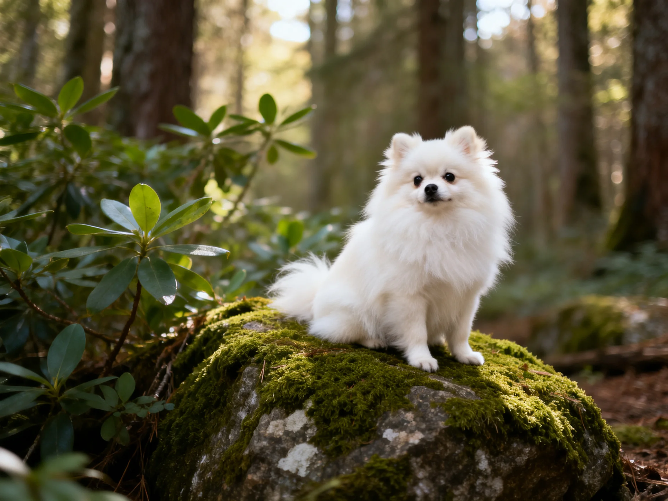 A small white dog sits on a mossy rock in a sunlit forest.