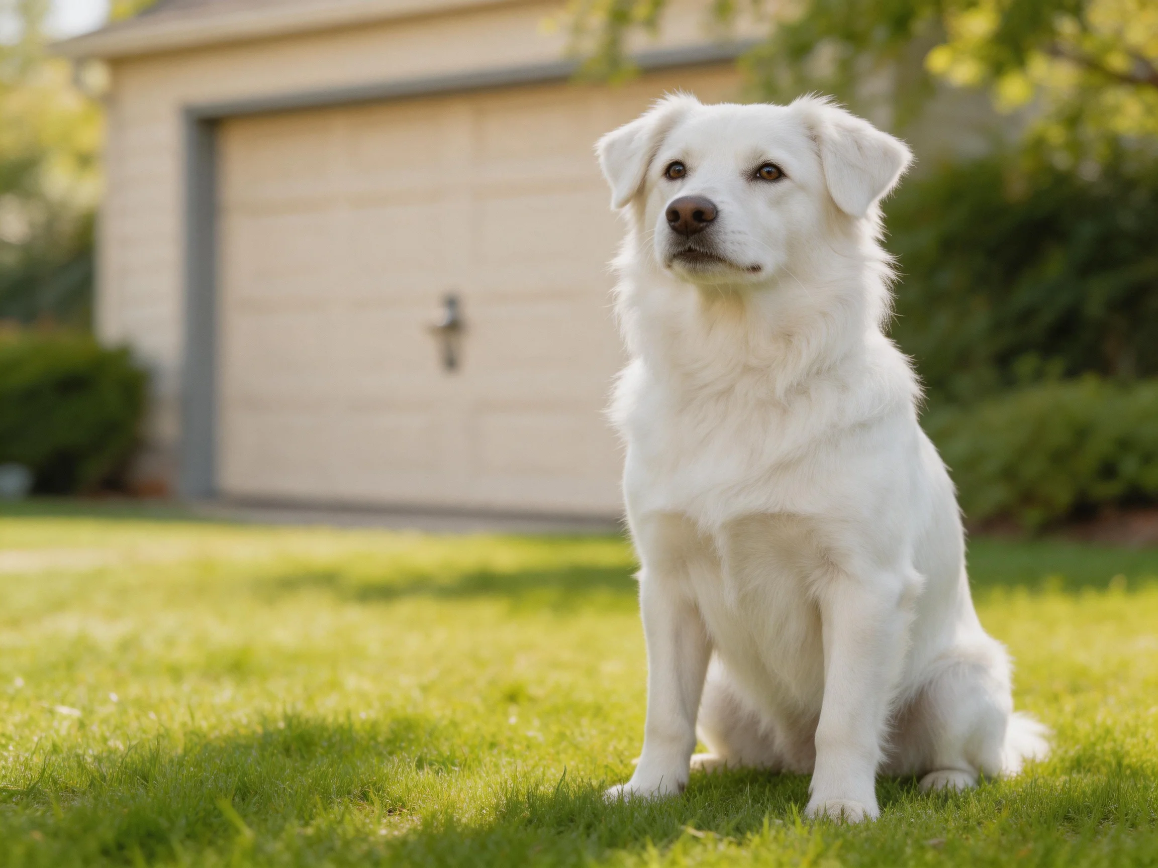 Fluffy white dog sitting on green lawn near beige garage